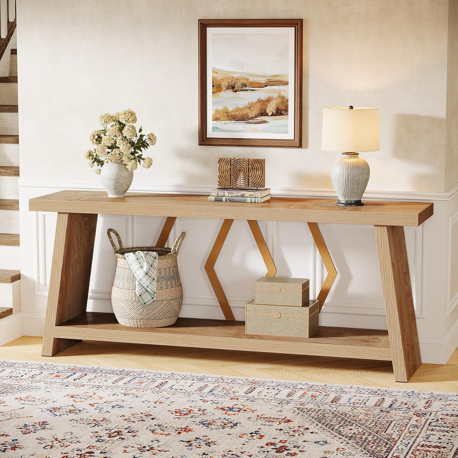 70.86" Extra Long Console Table, 2-Tier Wooden Sofa Table with Storage - Image 8