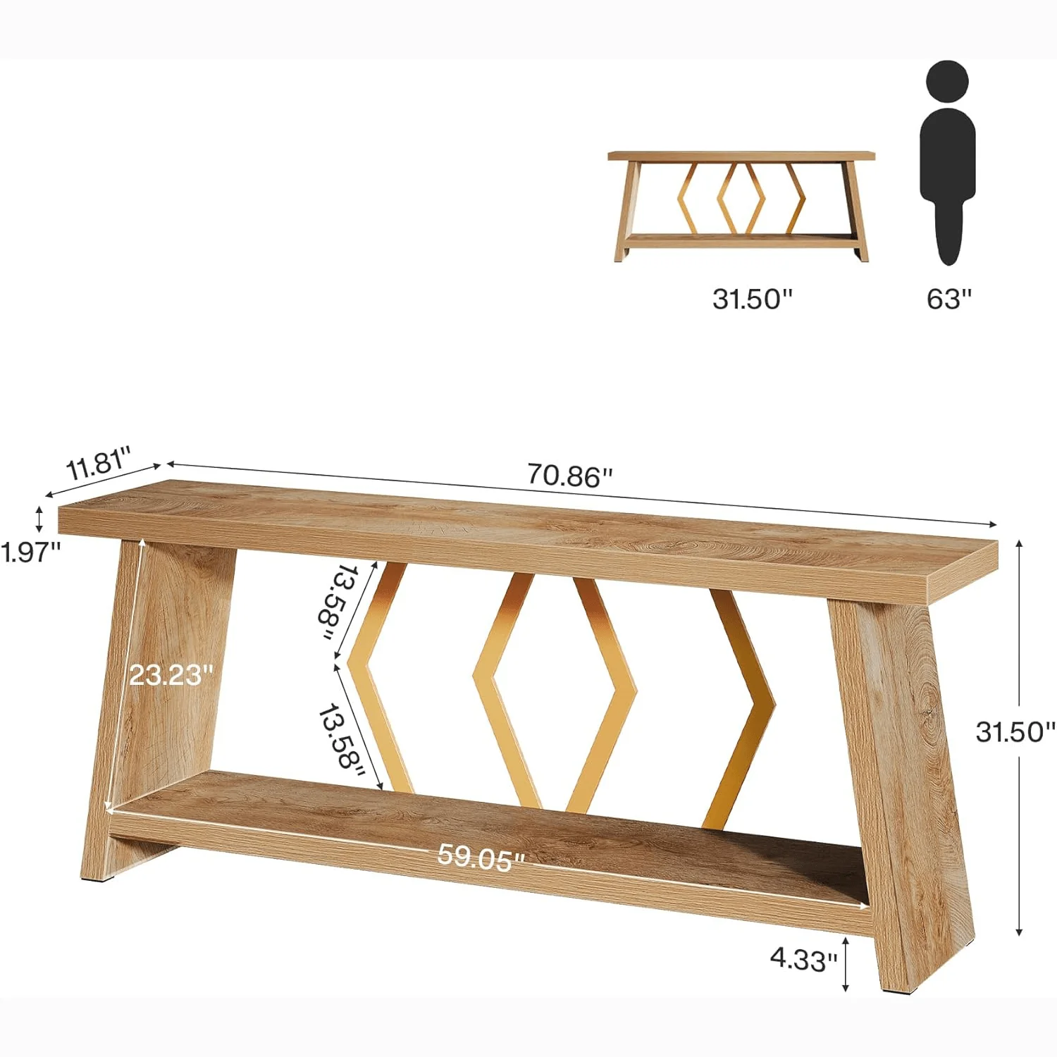 70.86" Extra Long Console Table, 2-Tier Wooden Sofa Table with Storage - Image 9
