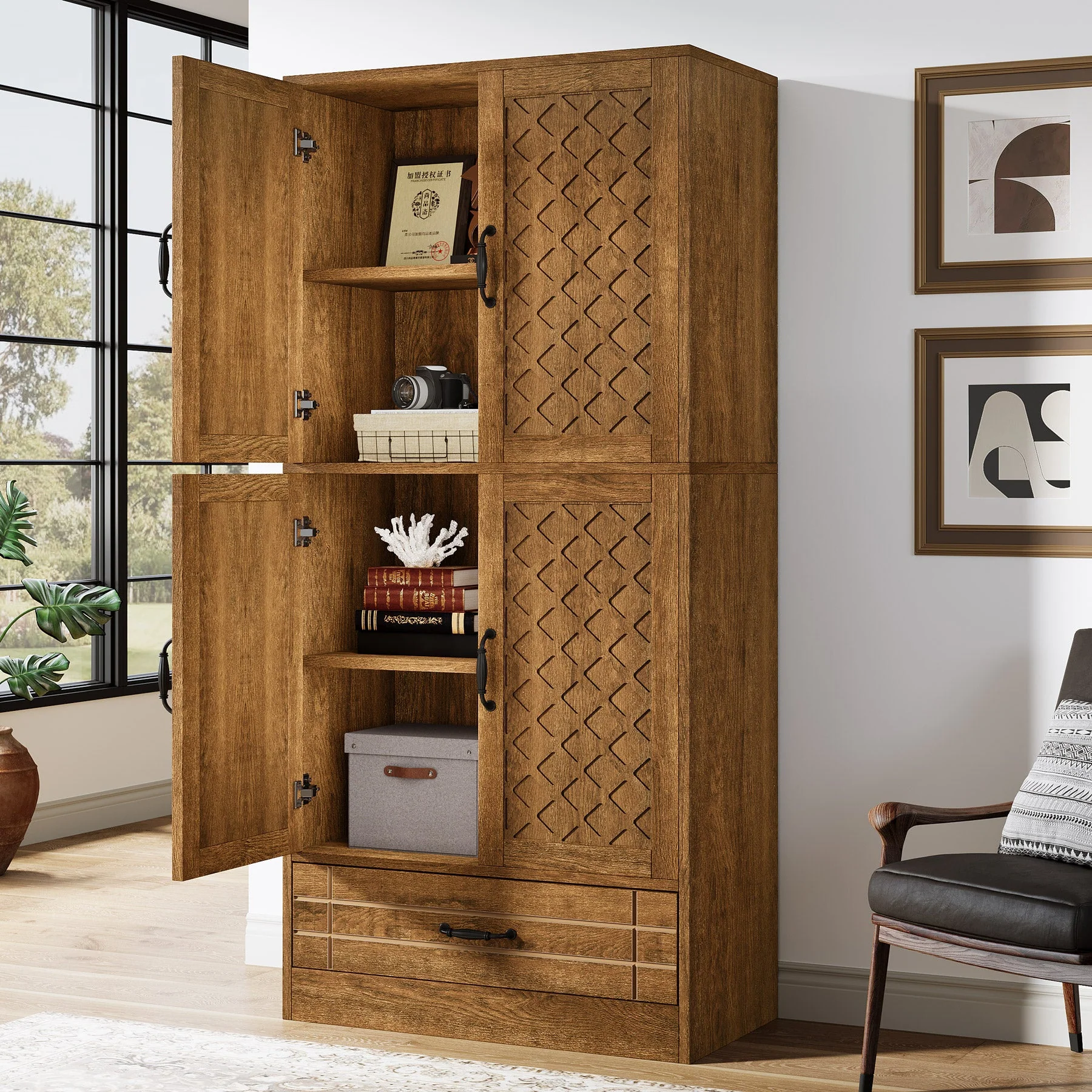 70" Bookshelf with Door, Freestanding Bookcase Cabinet with Storage Drawer - Image 3