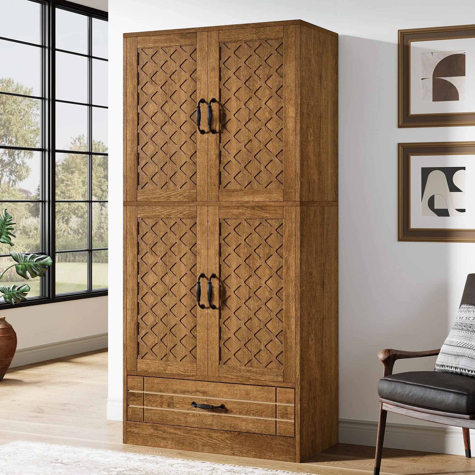 70" Bookshelf with Door, Freestanding Bookcase Cabinet with Storage Drawer - Image 4