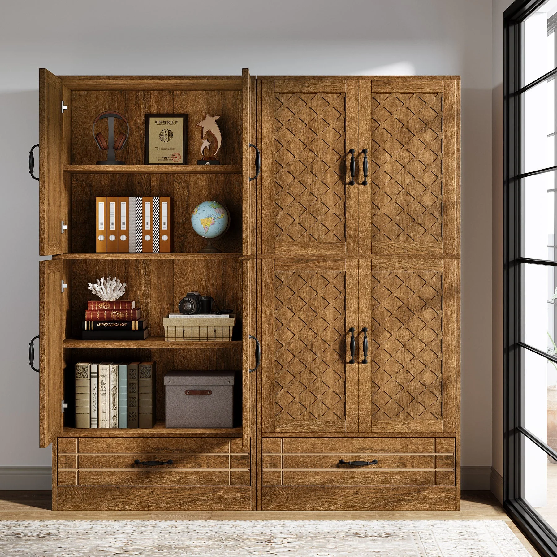 70" Bookshelf with Door, Freestanding Bookcase Cabinet with Storage Drawer - Image 5