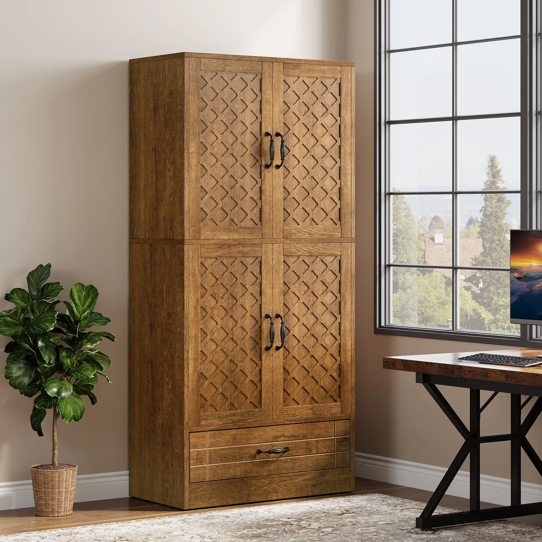 70" Bookshelf with Door, Freestanding Bookcase Cabinet with Storage Drawer - Image 6