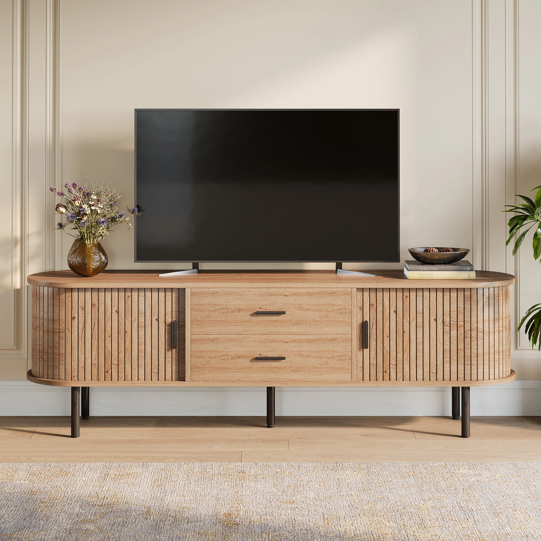 70" TV Stand, Modern Media Console with Storage and Sliding Tambour Door - Image 15