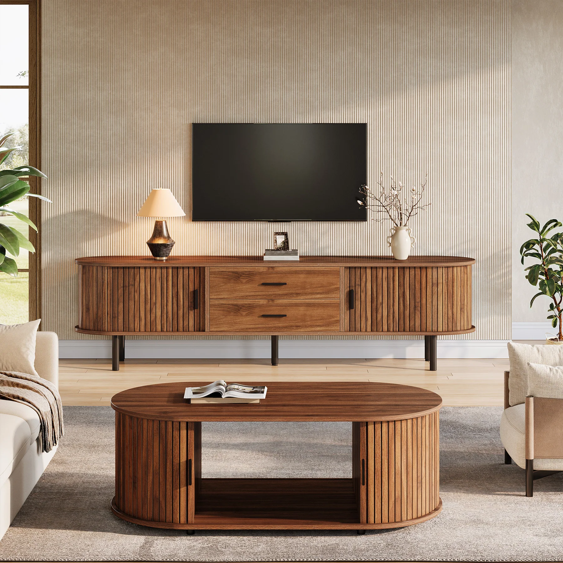 70" TV Stand, Modern Media Console with Storage and Sliding Tambour Door - Image 4