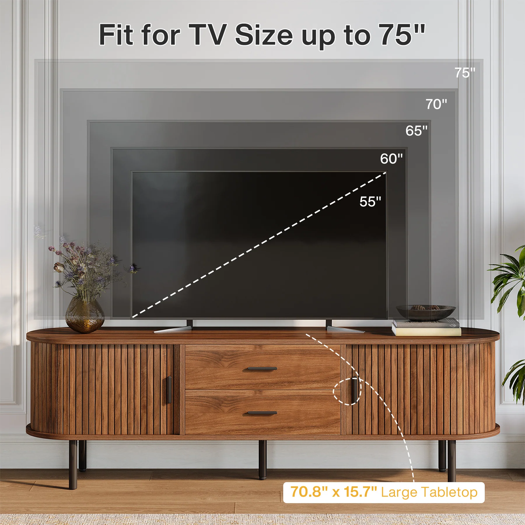 70" TV Stand, Modern Media Console with Storage and Sliding Tambour Door - Image 5