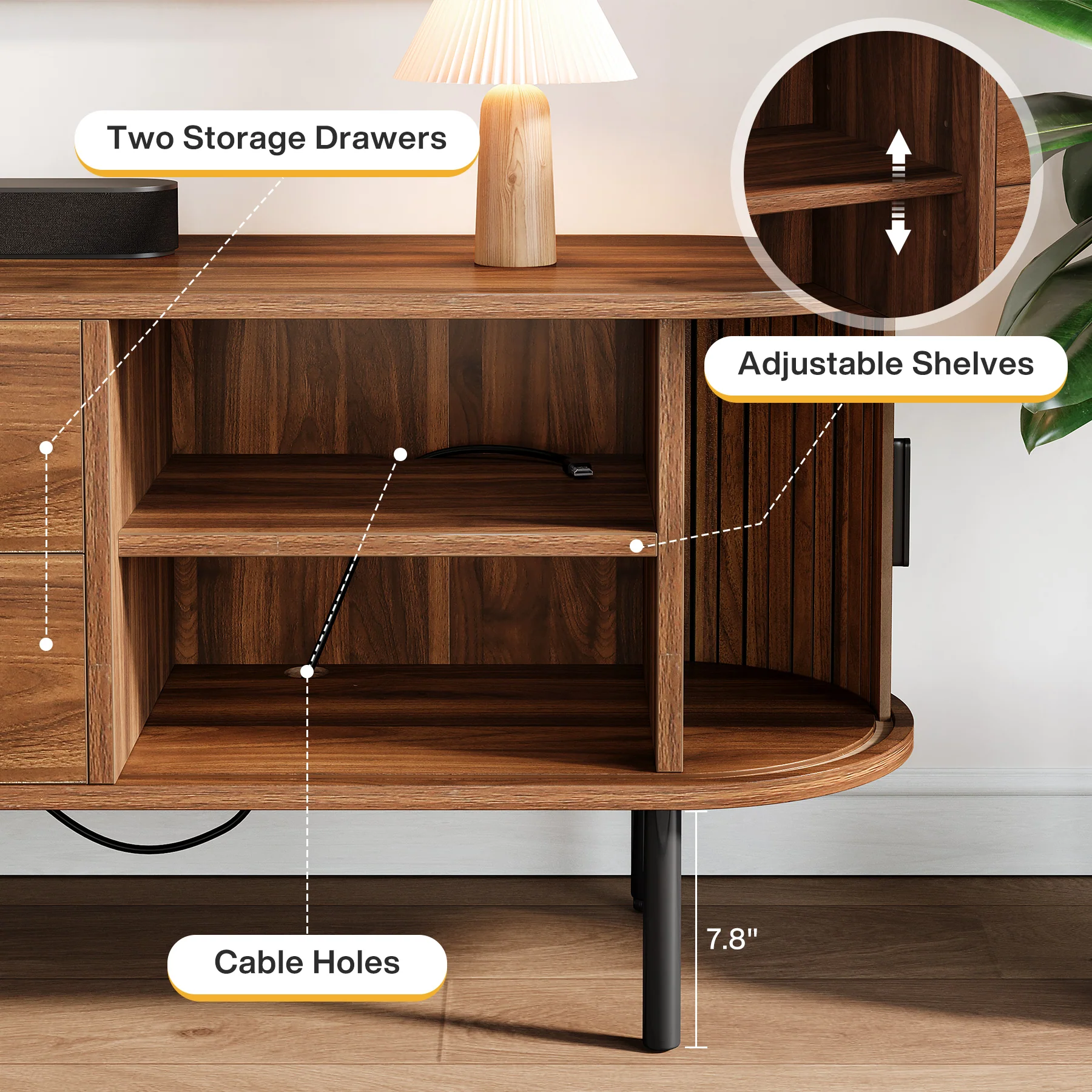 70" TV Stand, Modern Media Console with Storage and Sliding Tambour Door - Image 7