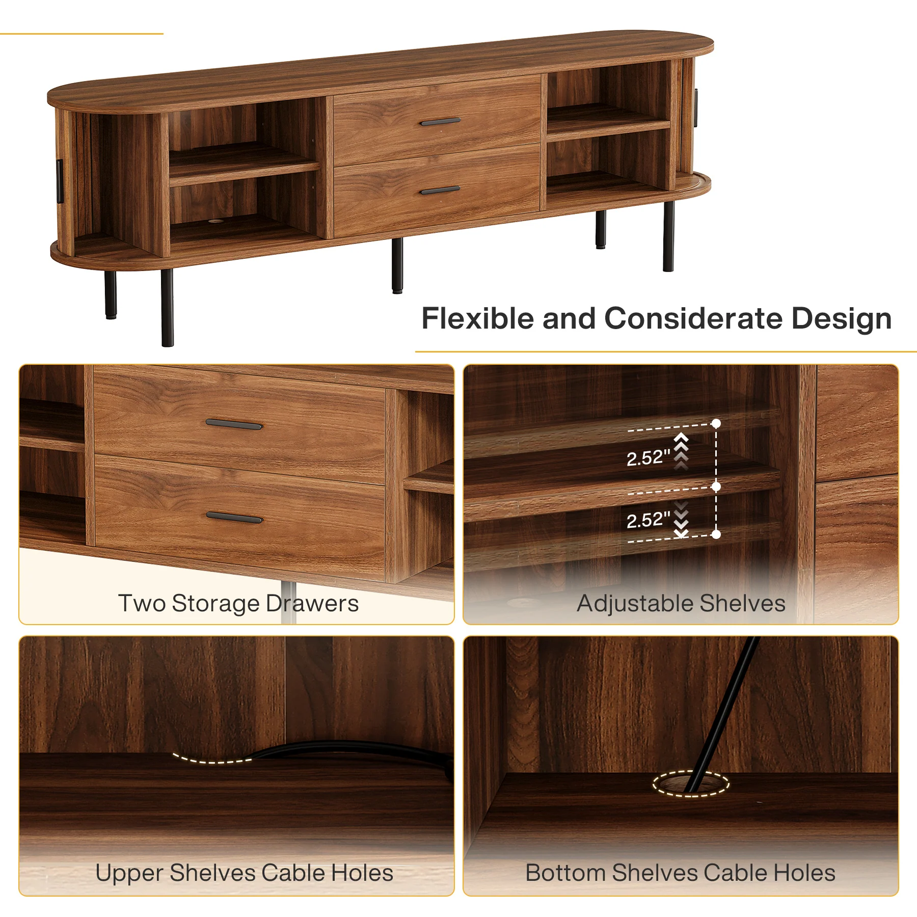 70" TV Stand, Modern Media Console with Storage and Sliding Tambour Door - Image 8