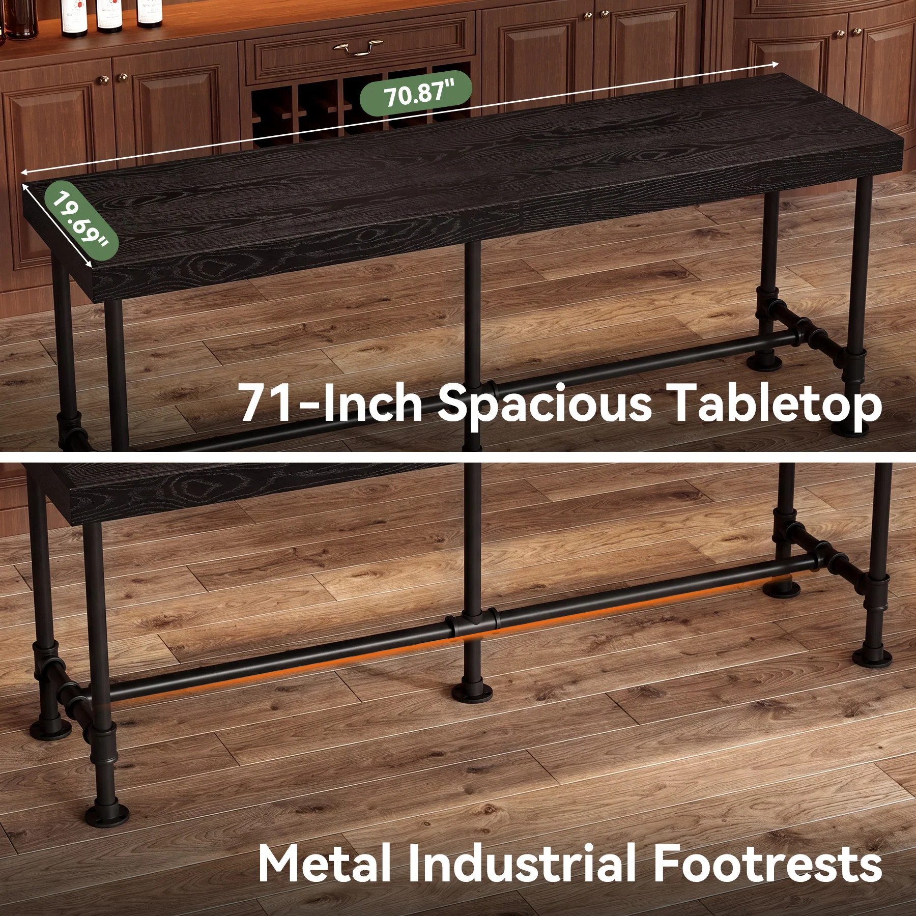 70.87" Solid Wood Bar Table for 6-8 People, Industrial Counter Height Pub Table - Image 14