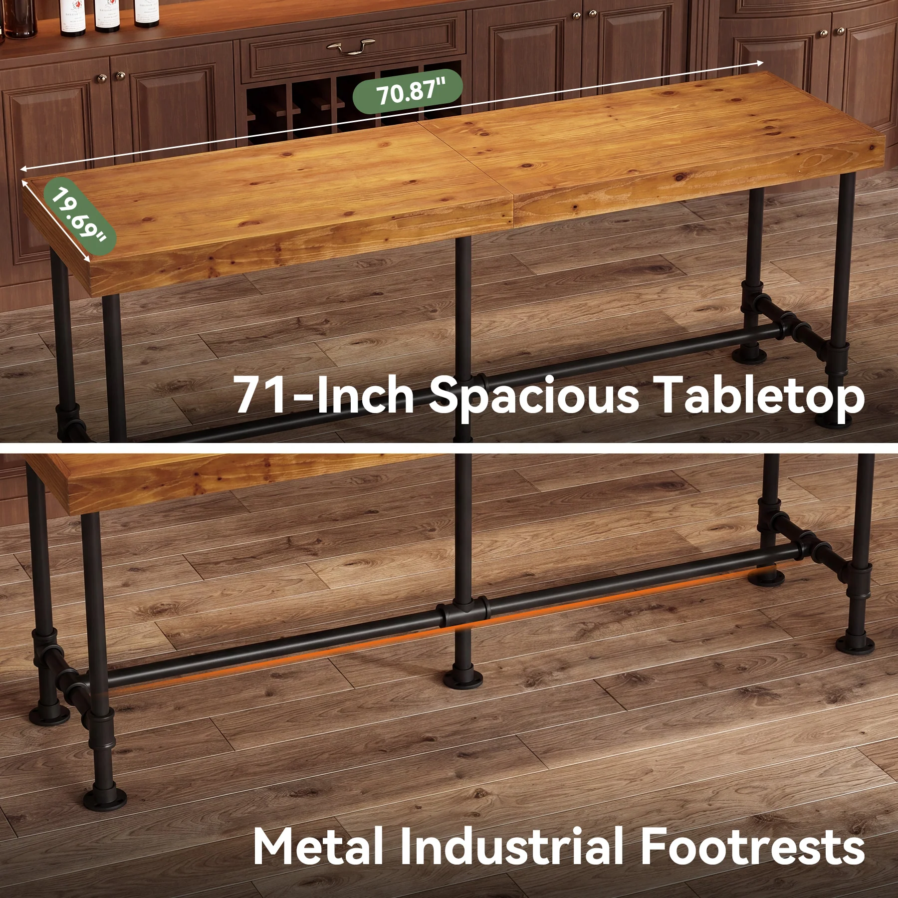 70.87" Solid Wood Bar Table for 6-8 People, Industrial Counter Height Pub Table - Image 26