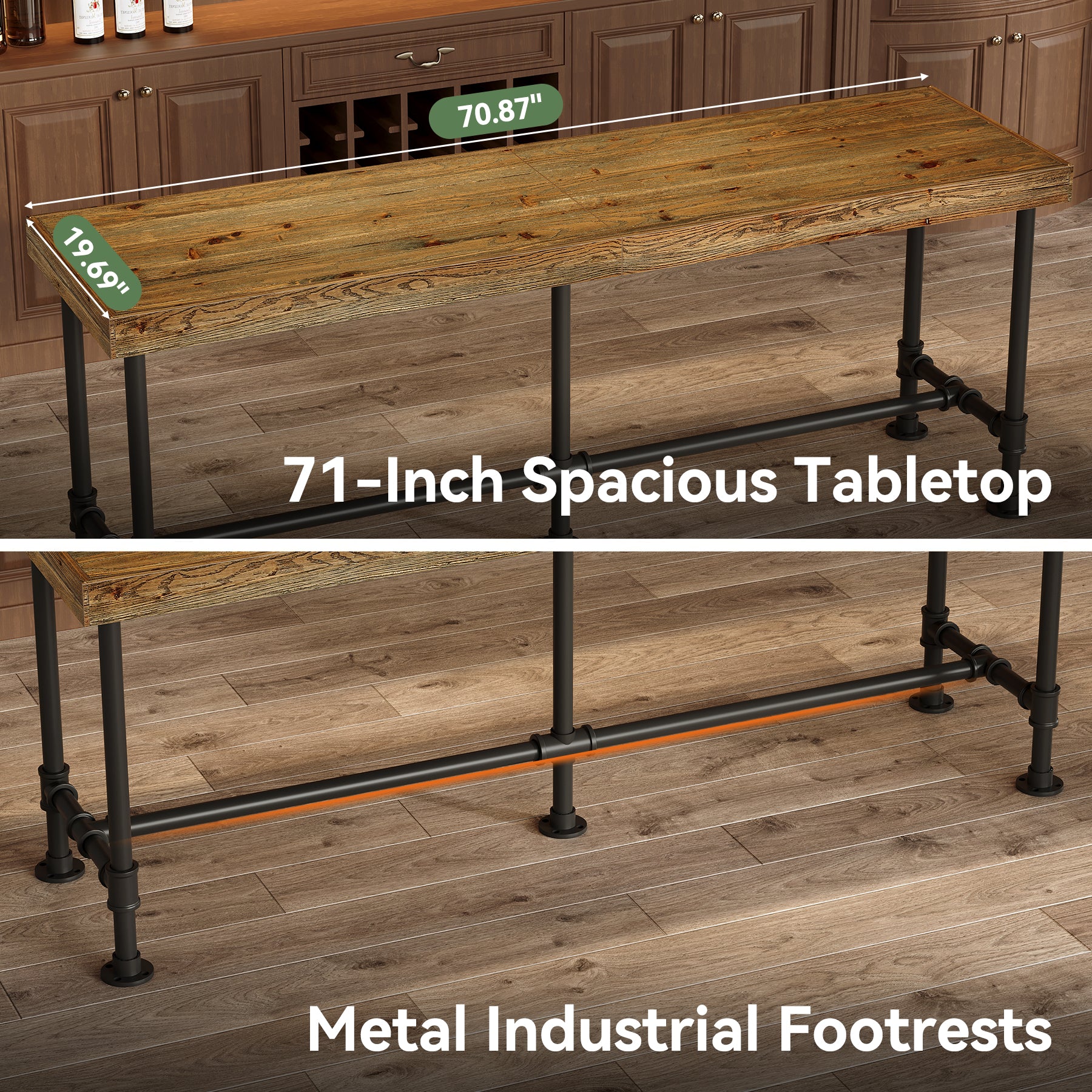70.87" Solid Wood Bar Table for 6-8 People, Industrial Counter Height Pub Table - Image 6