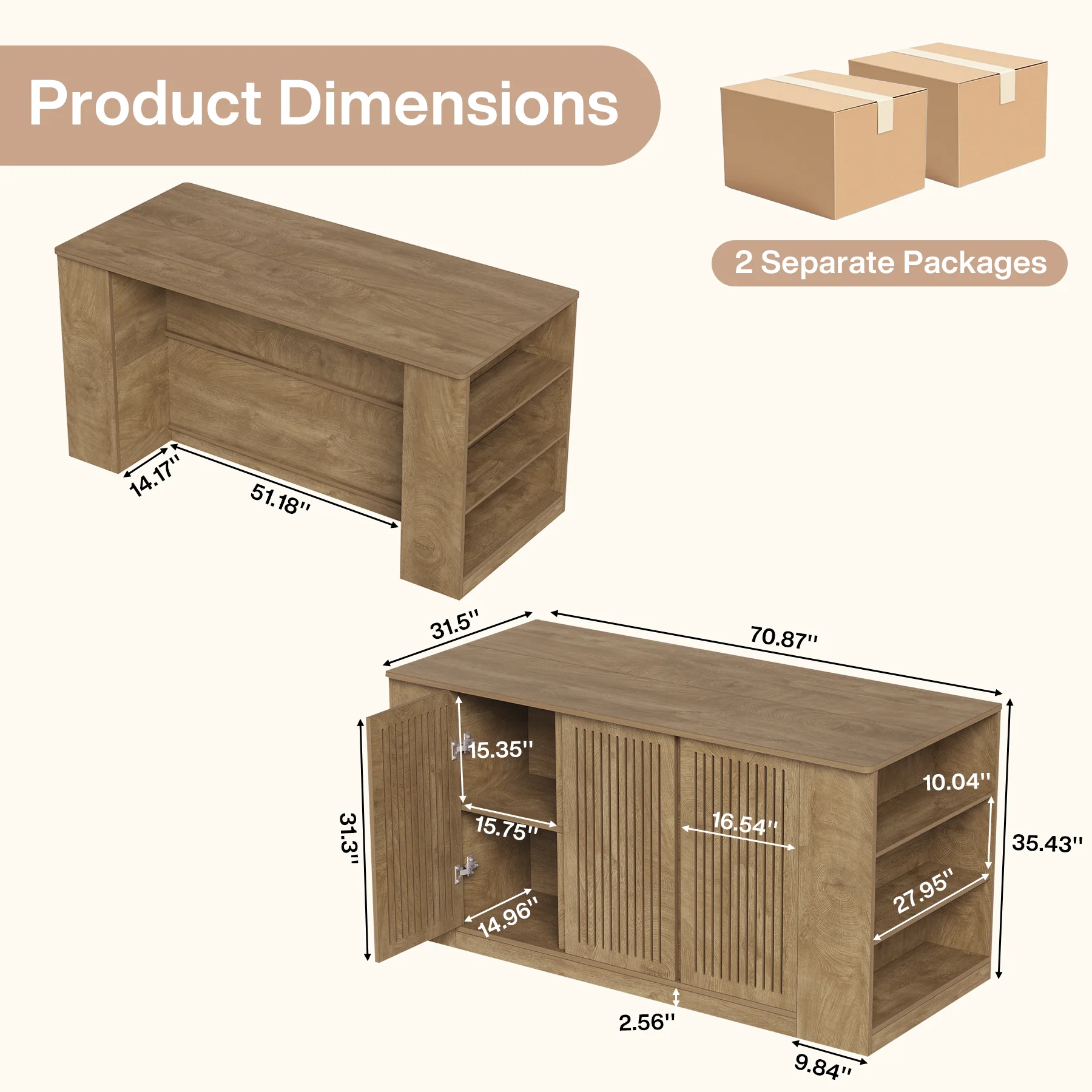 71" Kitchen Island with Slatted Doors Cabinet & 6 Open Shelves for Apartment & Home - Image 2