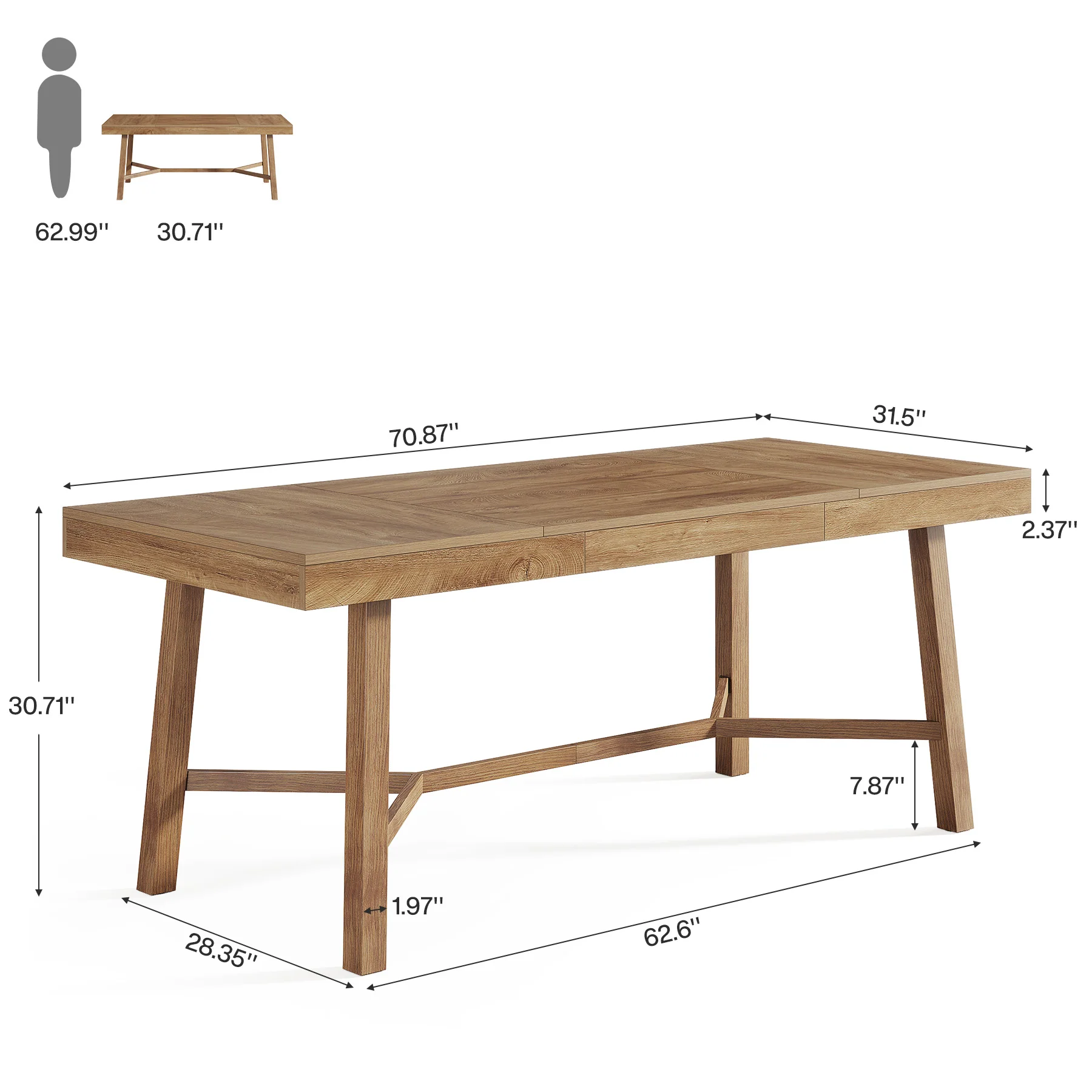 Rectangle Dining Table, 70.9" Kitchen Table with Reinforced Legs for 6-8 - Image 2