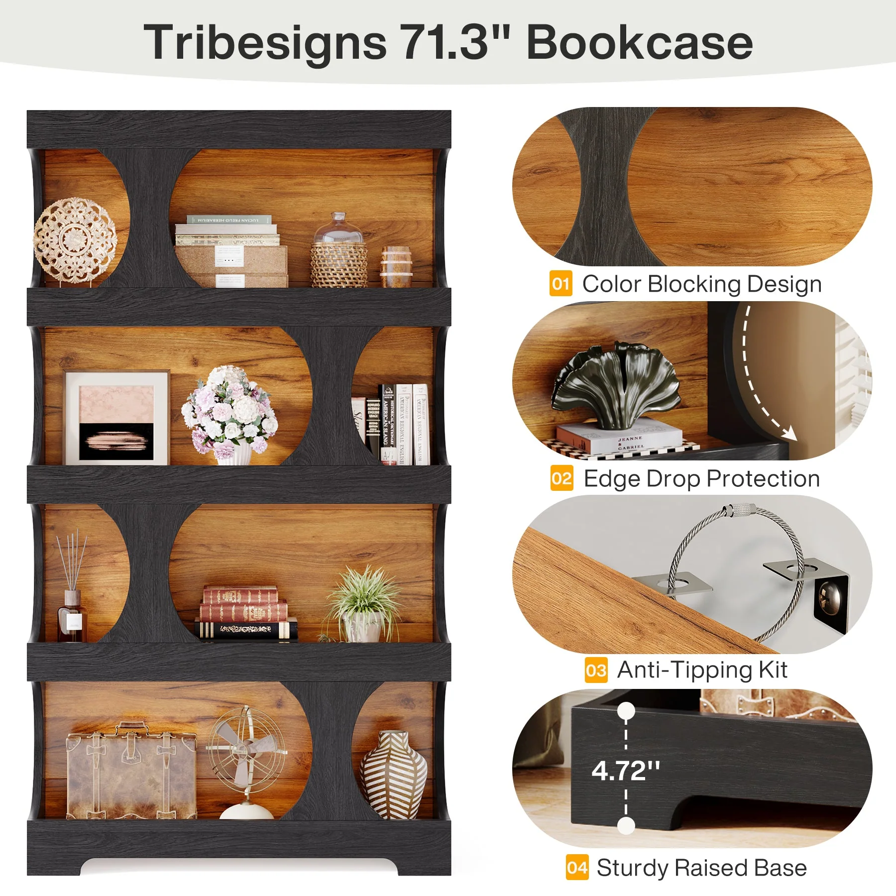 71" Bookshelf, 4-Tier S-Shaped Bookcase Freestanding Display Shelves - Image 8