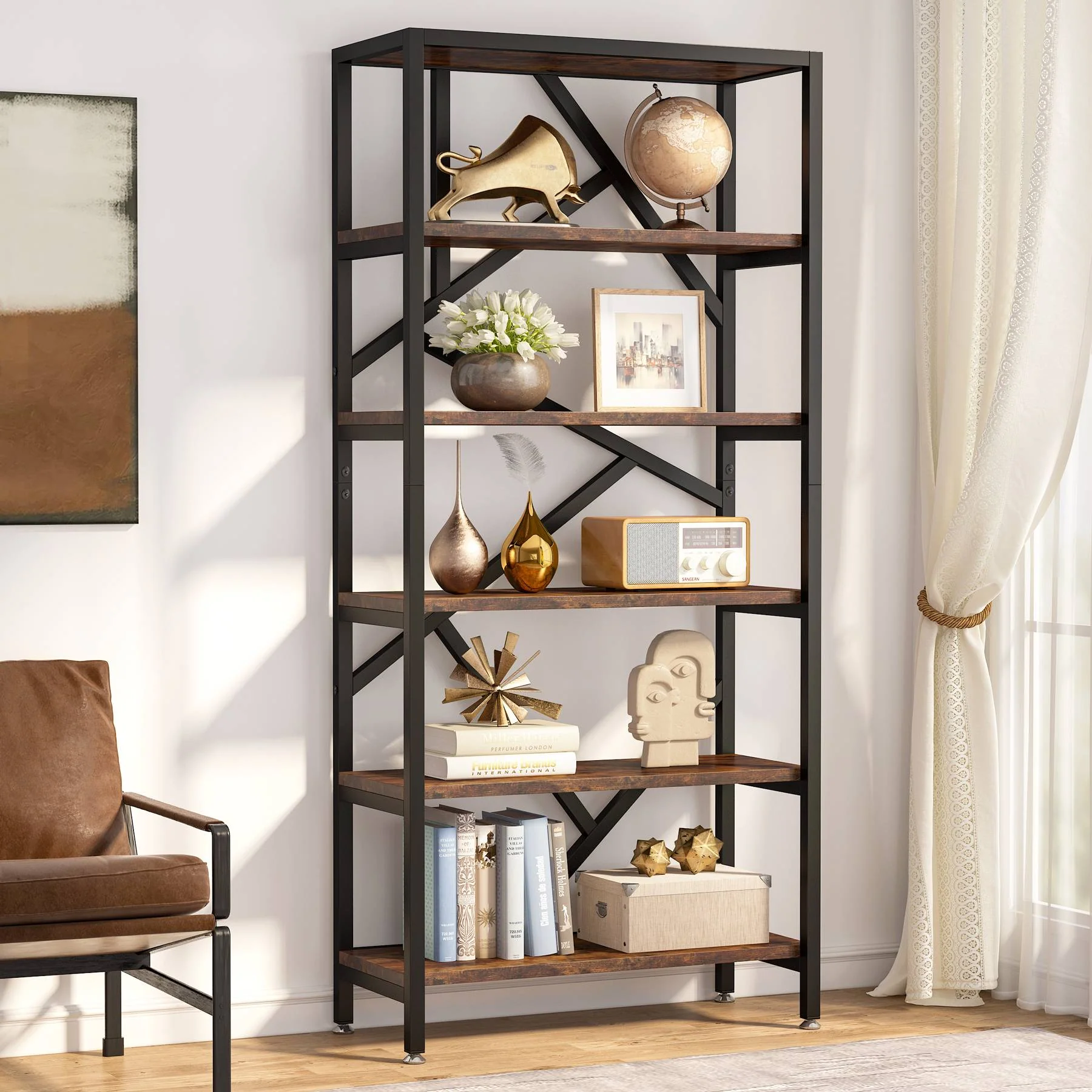 71" Bookshelf, Industrial Etagere Bookcase 6 Shelf Display Rack