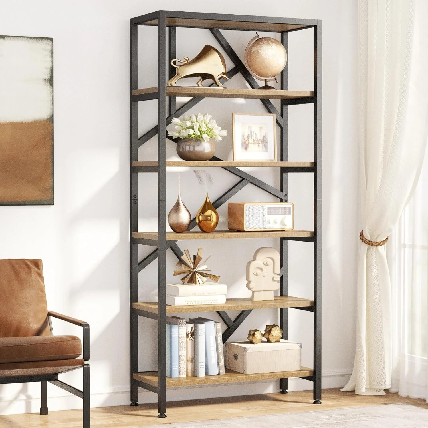 71" Bookshelf, Industrial Etagere Bookcase 6 Shelf Display Rack - Image 11