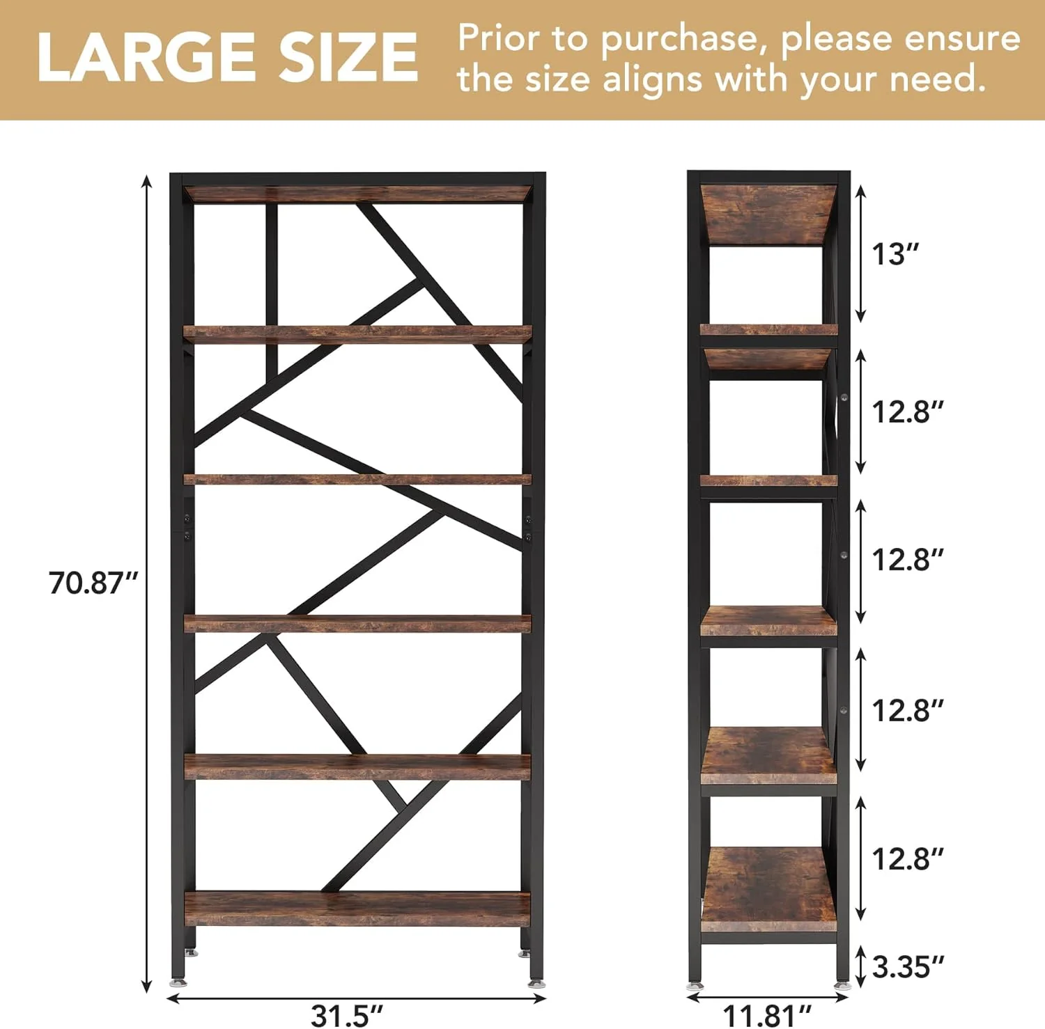 71" Bookshelf, Industrial Etagere Bookcase 6 Shelf Display Rack - Image 2