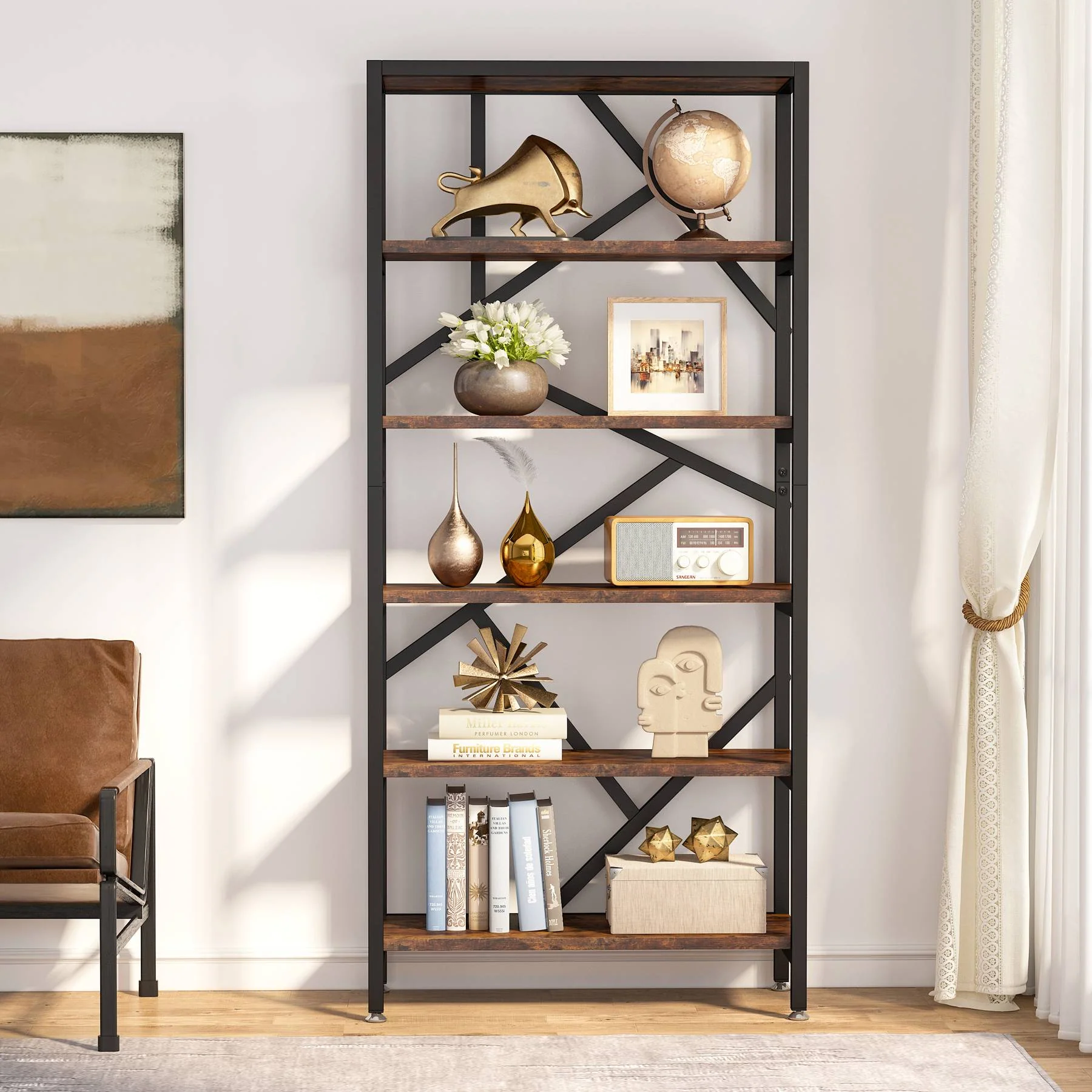 71" Bookshelf, Industrial Etagere Bookcase 6 Shelf Display Rack - Image 3