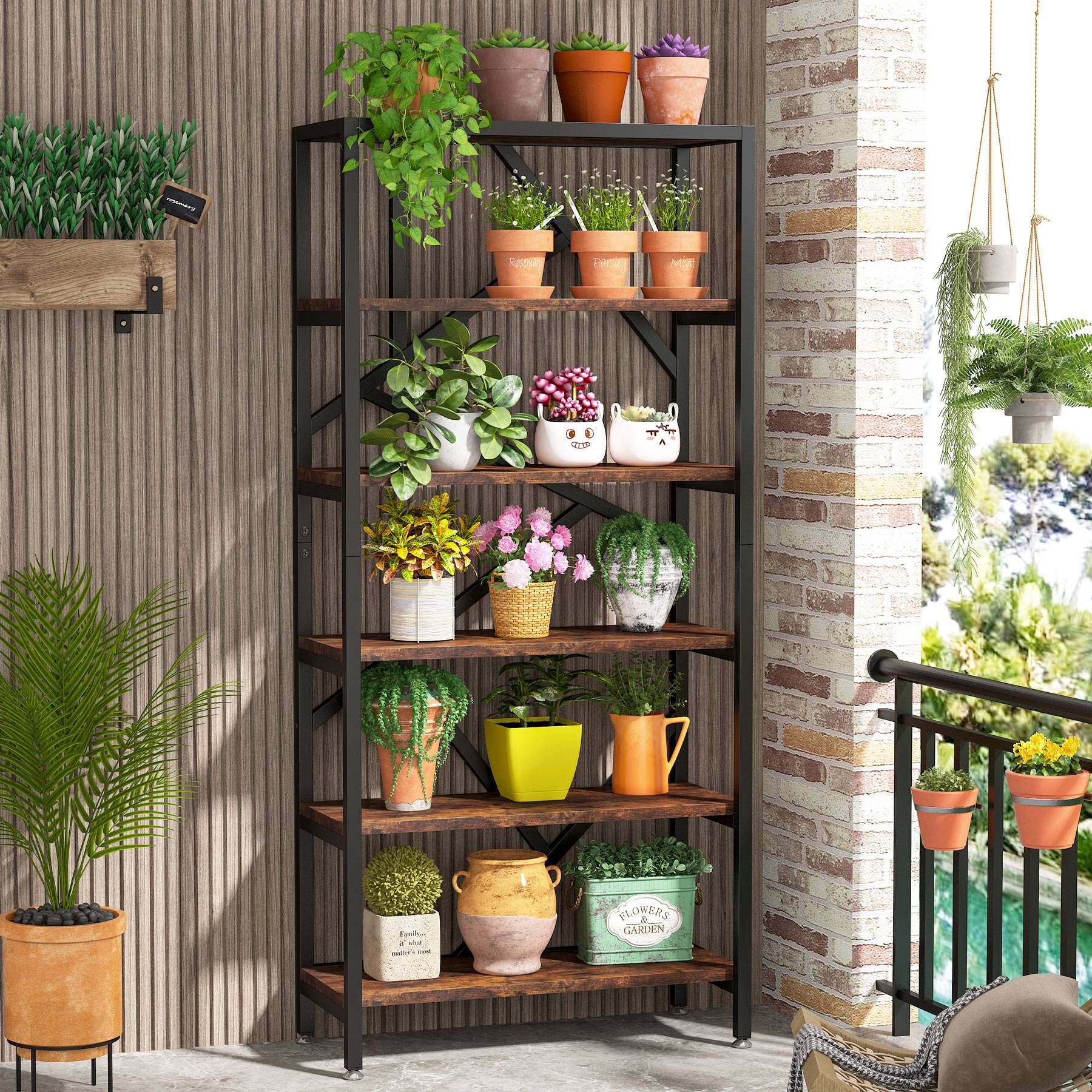 71" Bookshelf, Industrial Etagere Bookcase 6 Shelf Display Rack - Image 4