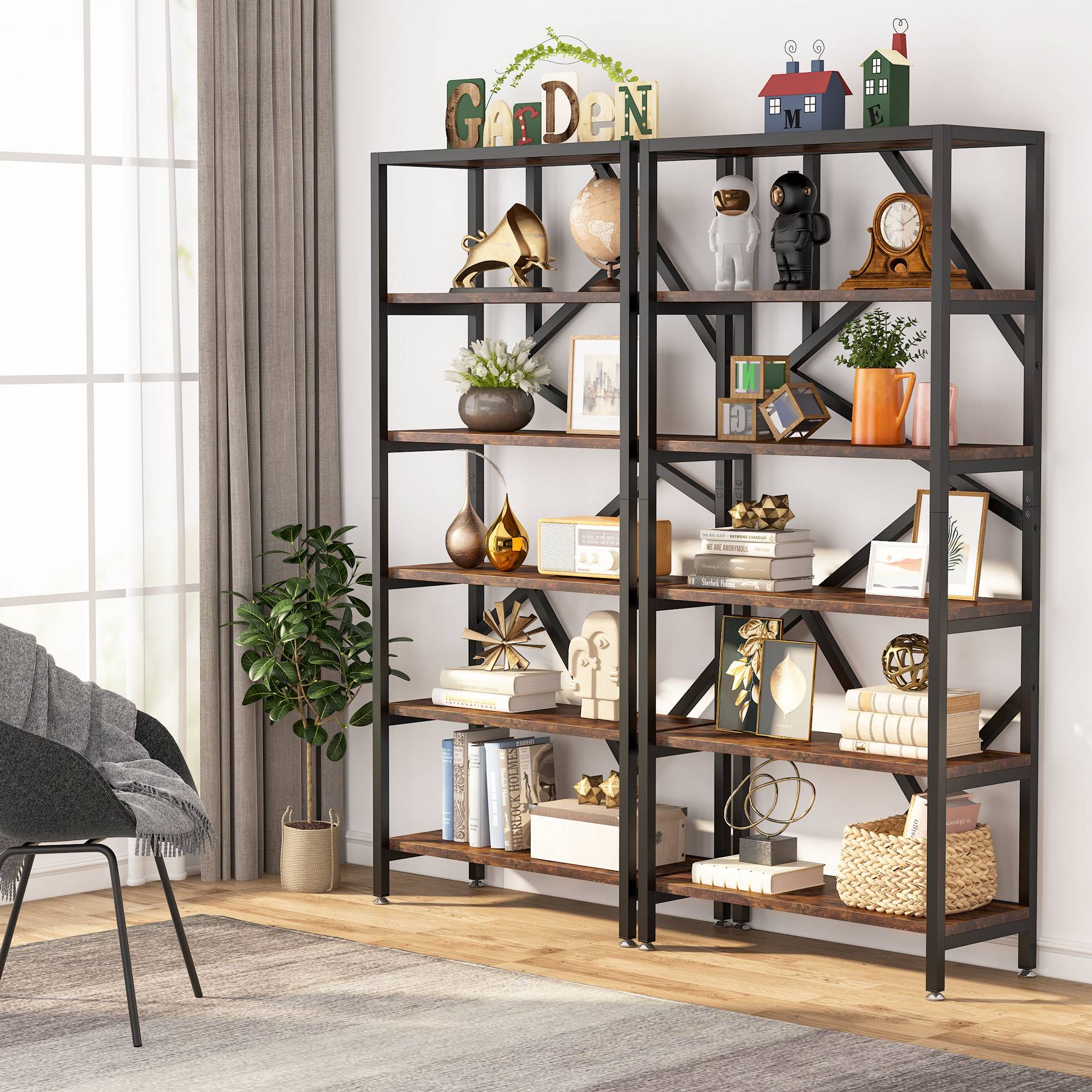 71" Bookshelf, Industrial Etagere Bookcase 6 Shelf Display Rack - Image 6
