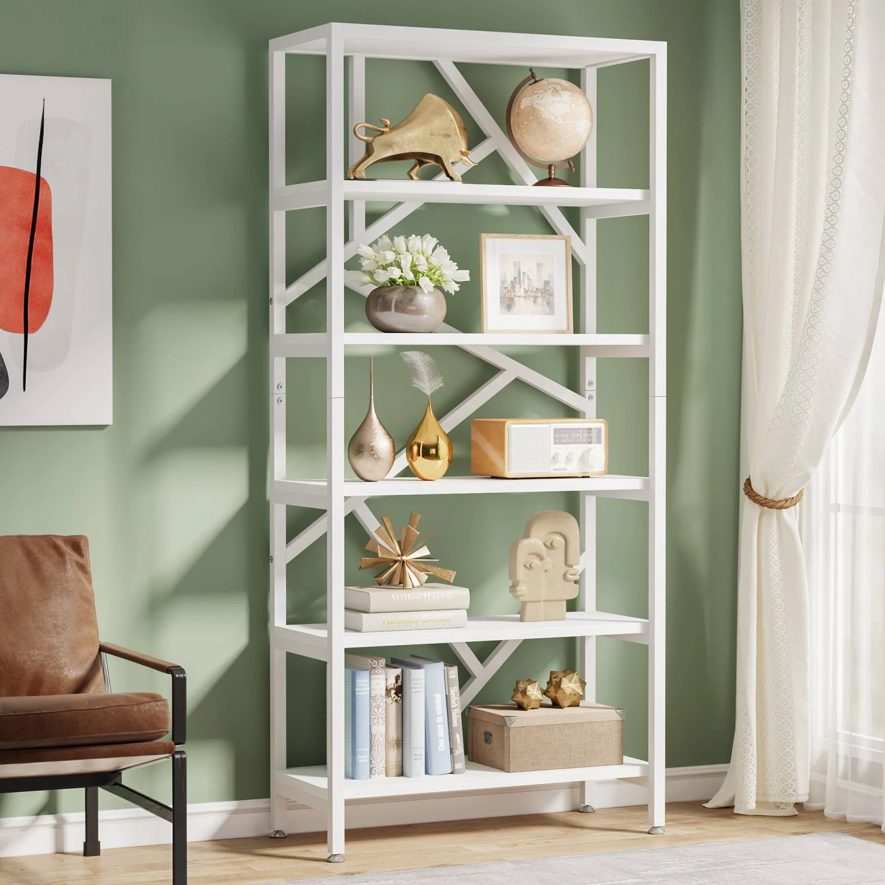 71" Bookshelf, Industrial Etagere Bookcase 6 Shelf Display Rack - Image 7