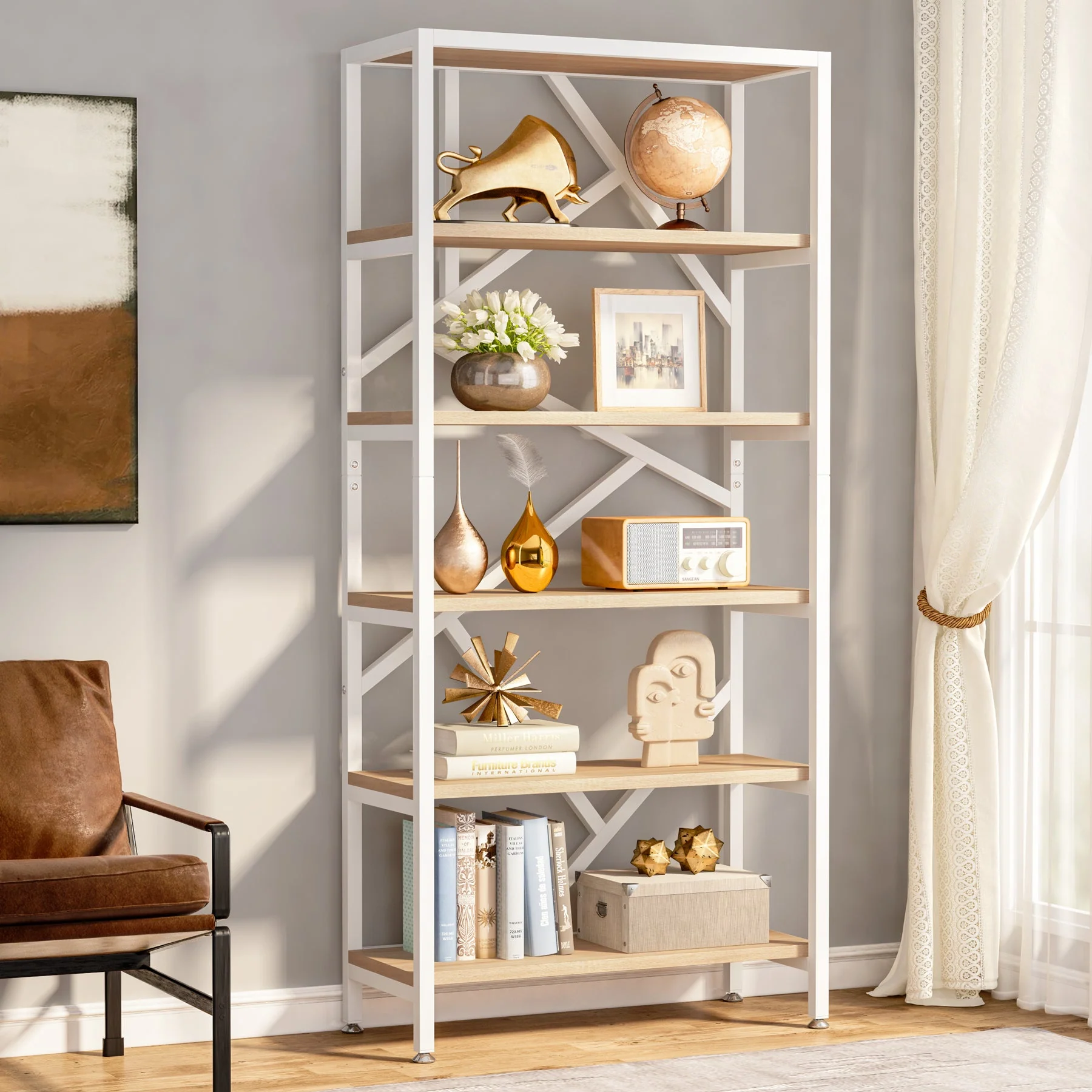 71" Bookshelf, Industrial Etagere Bookcase 6 Shelf Display Rack - Image 9