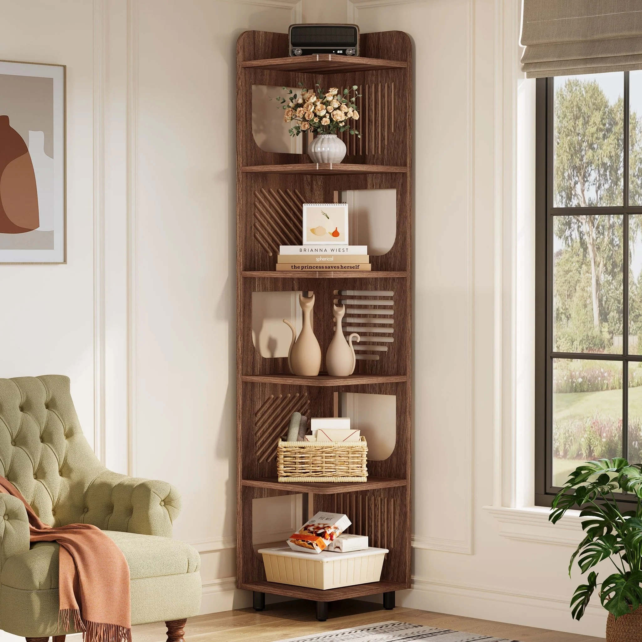 71" Corner Shelf, Narrow Bookshelf Display Shelf with Storage Rack - Image 4