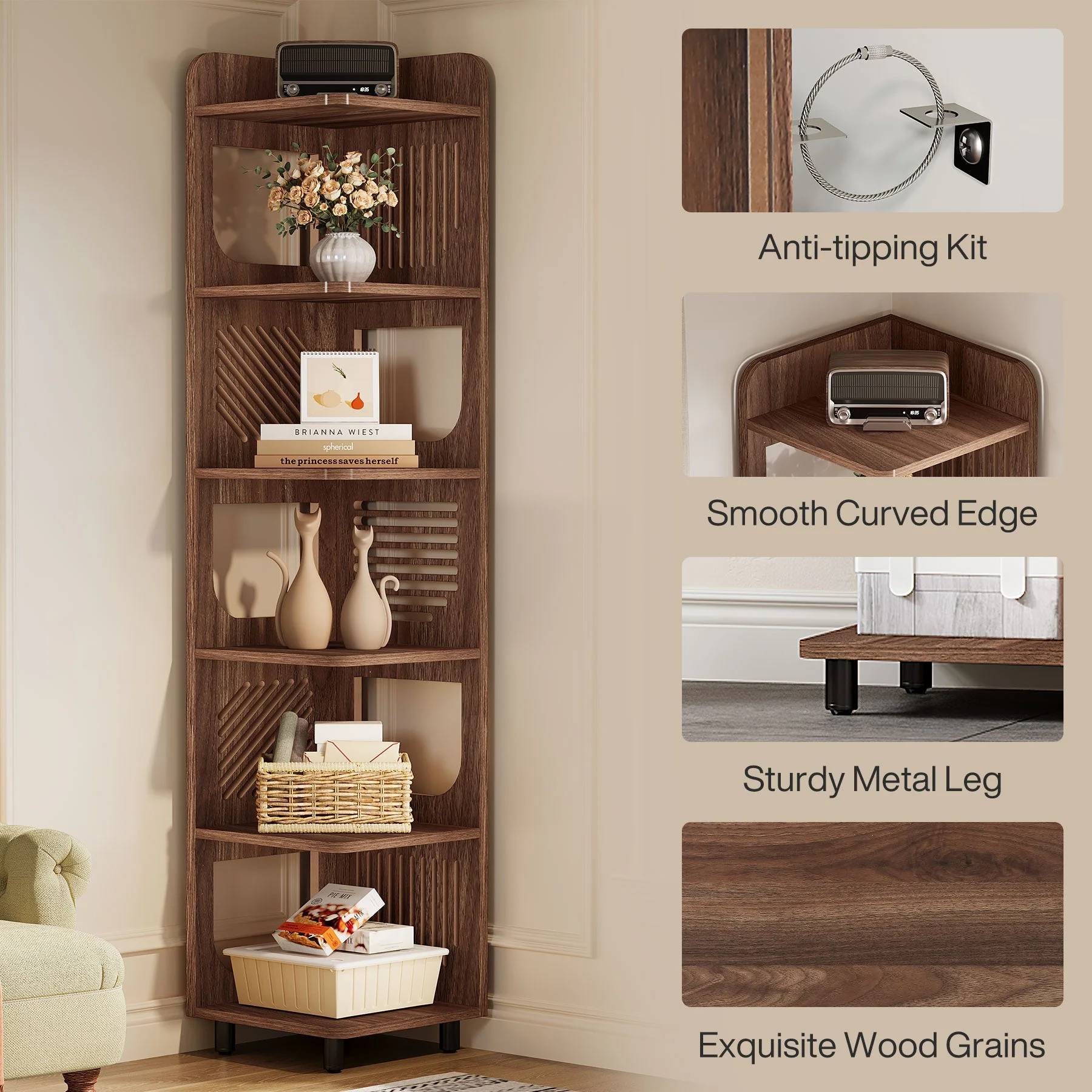 71" Corner Shelf, Narrow Bookshelf Display Shelf with Storage Rack - Image 6