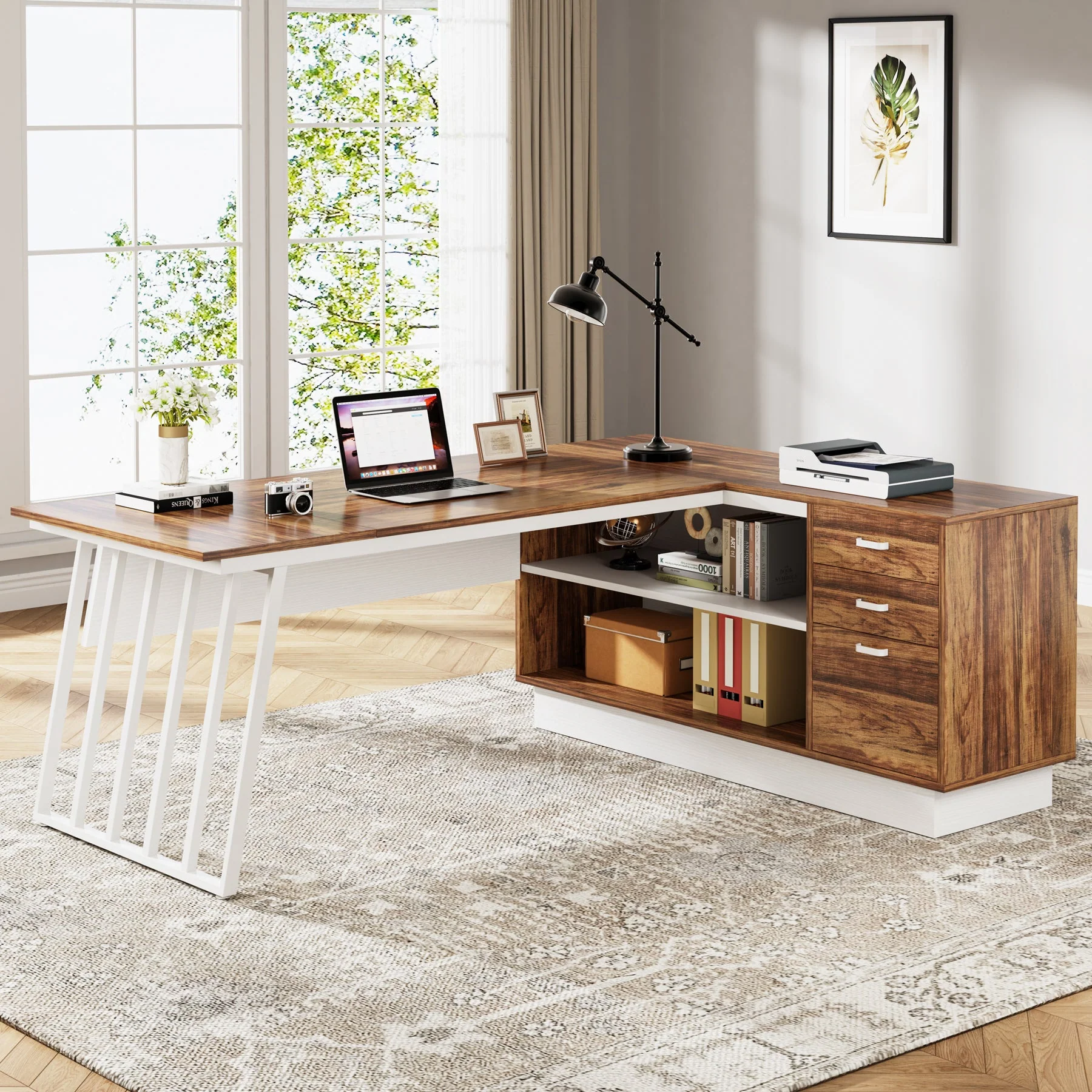71" Executive Desk, Modern L-Shaped Computer Desk with Cabinet - Image 3
