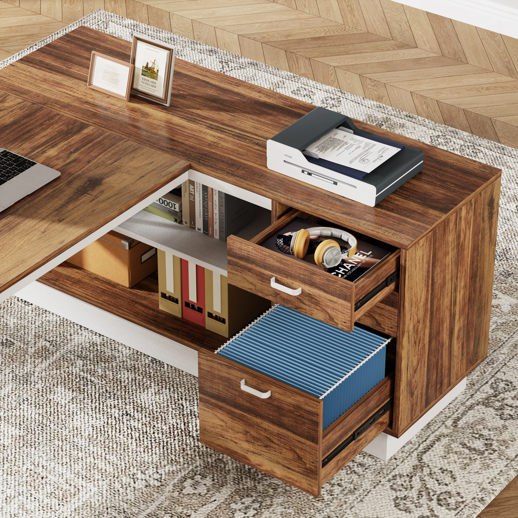 71" Executive Desk, Modern L-Shaped Computer Desk with Cabinet - Image 6