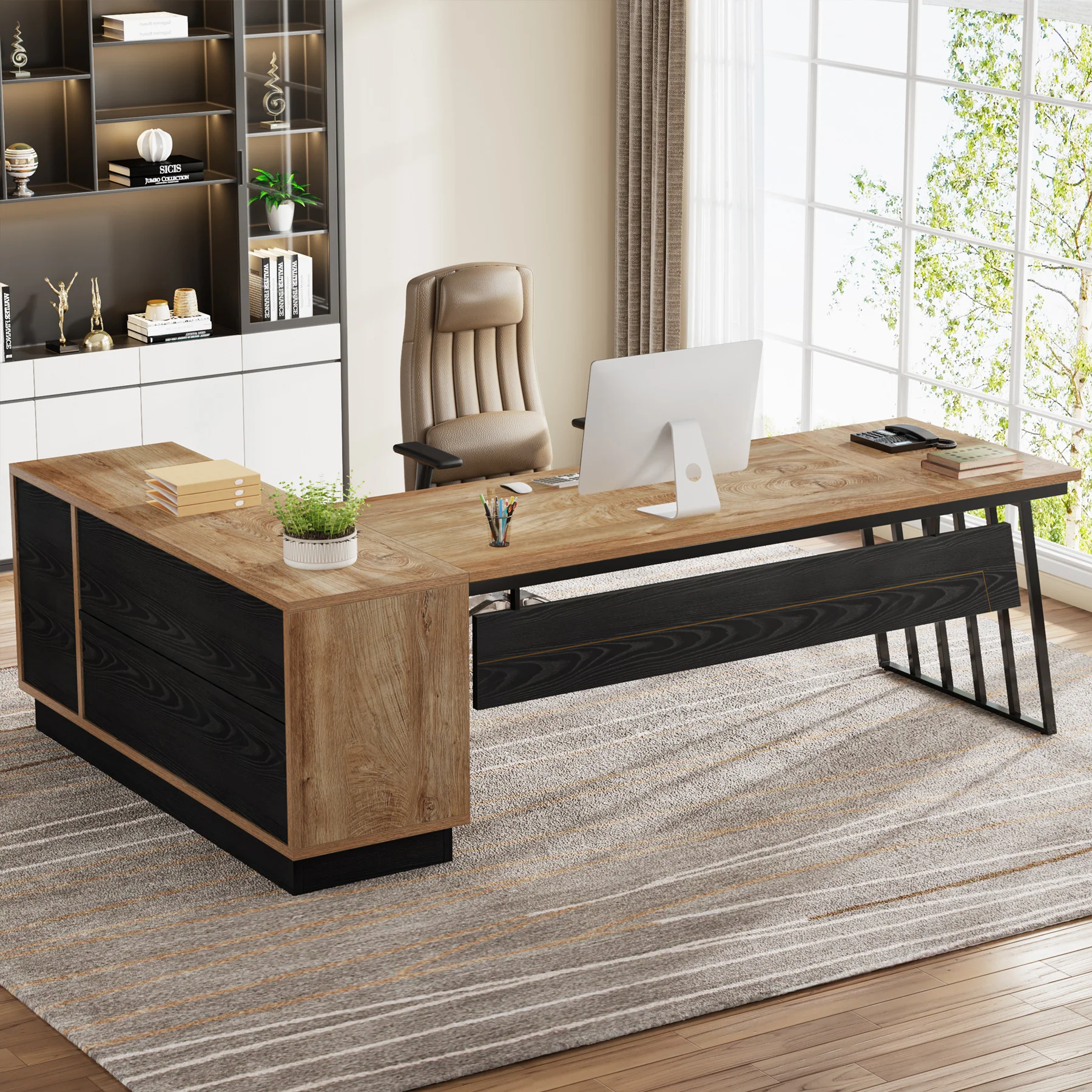 71" Executive Desk, Modern L-Shaped Computer Desk with Cabinet - Image 8