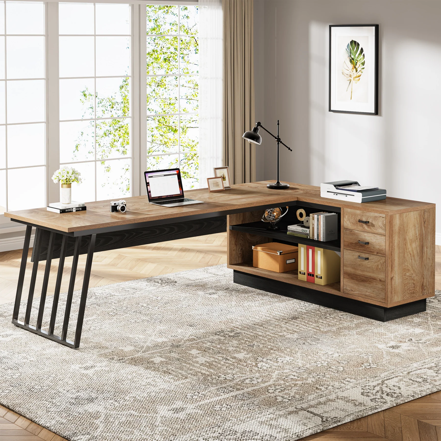 71" Executive Desk, Modern L-Shaped Computer Desk with Cabinet - Image 9