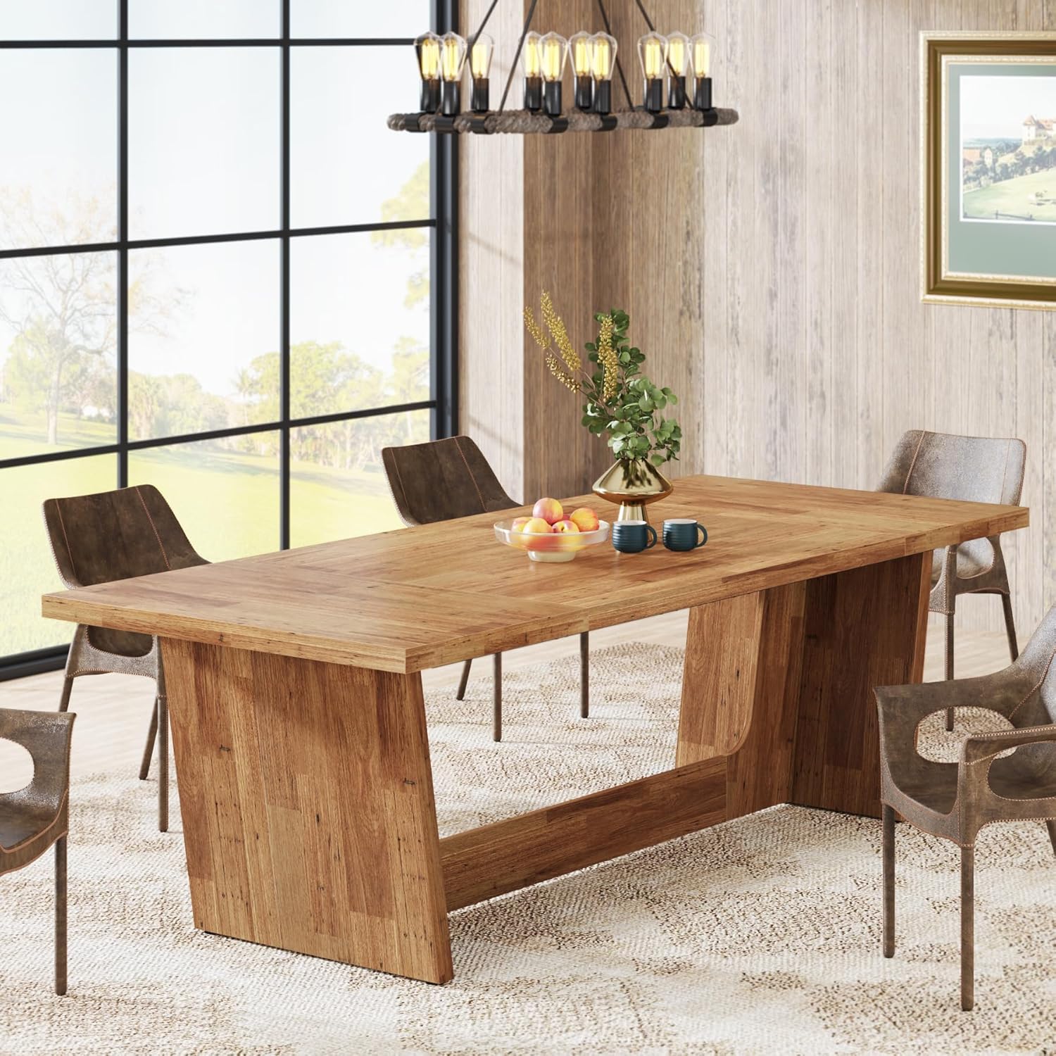 70.87" Rustic Brown Dining Table, Large Farmhouse Rectangular Table with Solid Pedestal Base - Image 12
