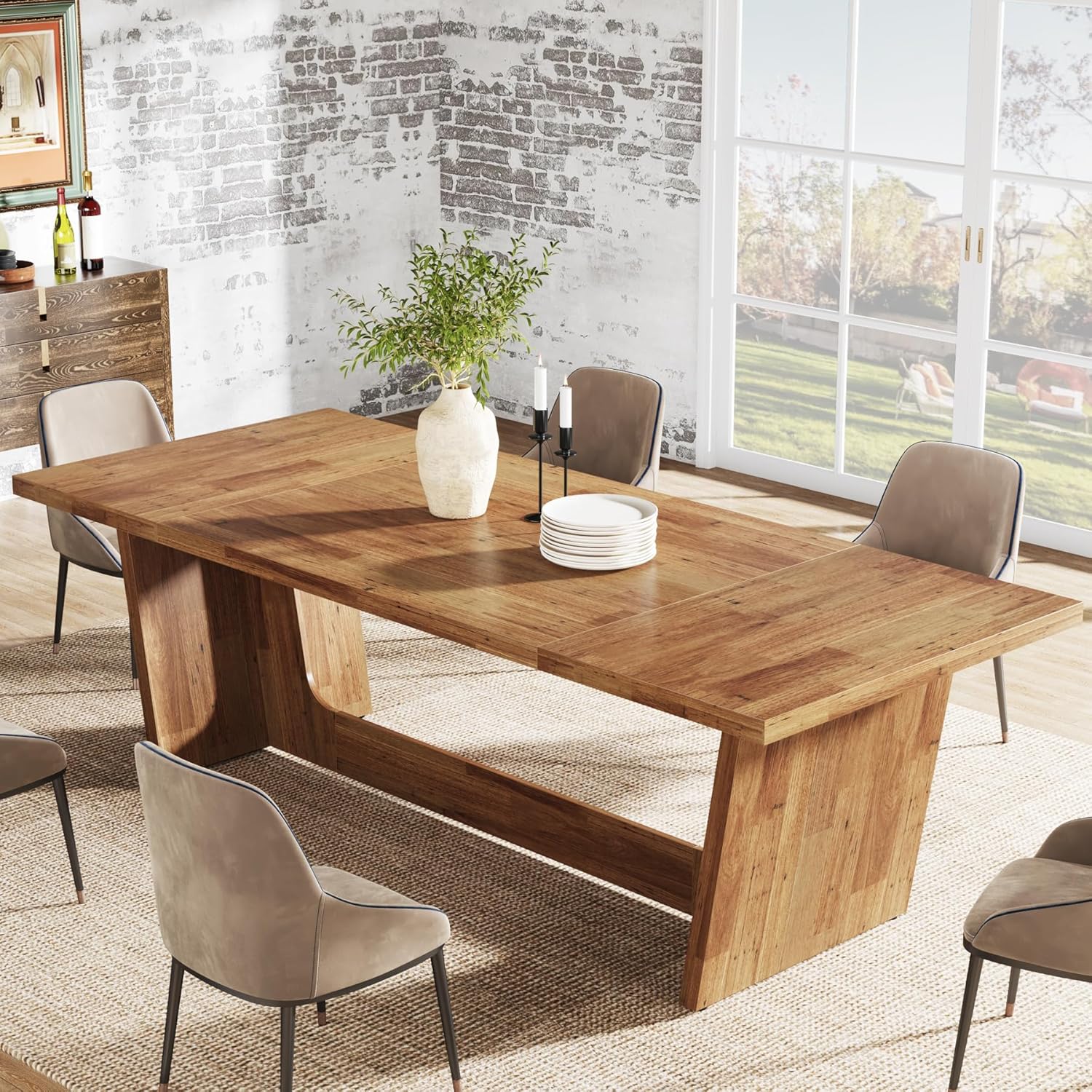 70.87" Rustic Brown Dining Table, Large Farmhouse Rectangular Table with Solid Pedestal Base - Image 13