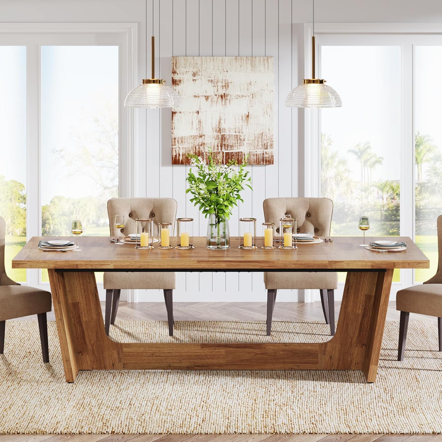 70.87" Rustic Brown Dining Table, Large Farmhouse Rectangular Table with Solid Pedestal Base - Image 14
