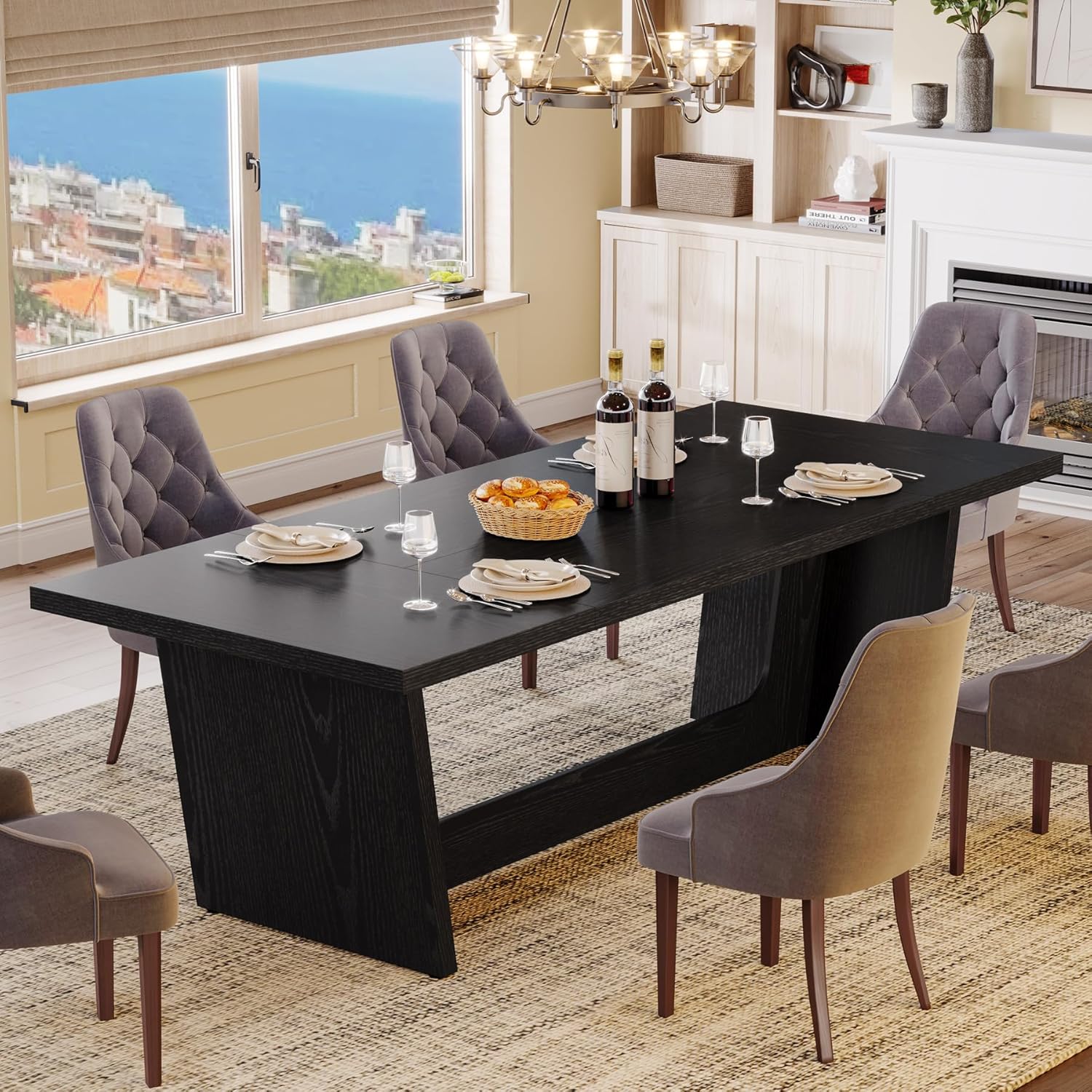 70.87" Rustic Brown Dining Table, Large Farmhouse Rectangular Table with Solid Pedestal Base - Image 16
