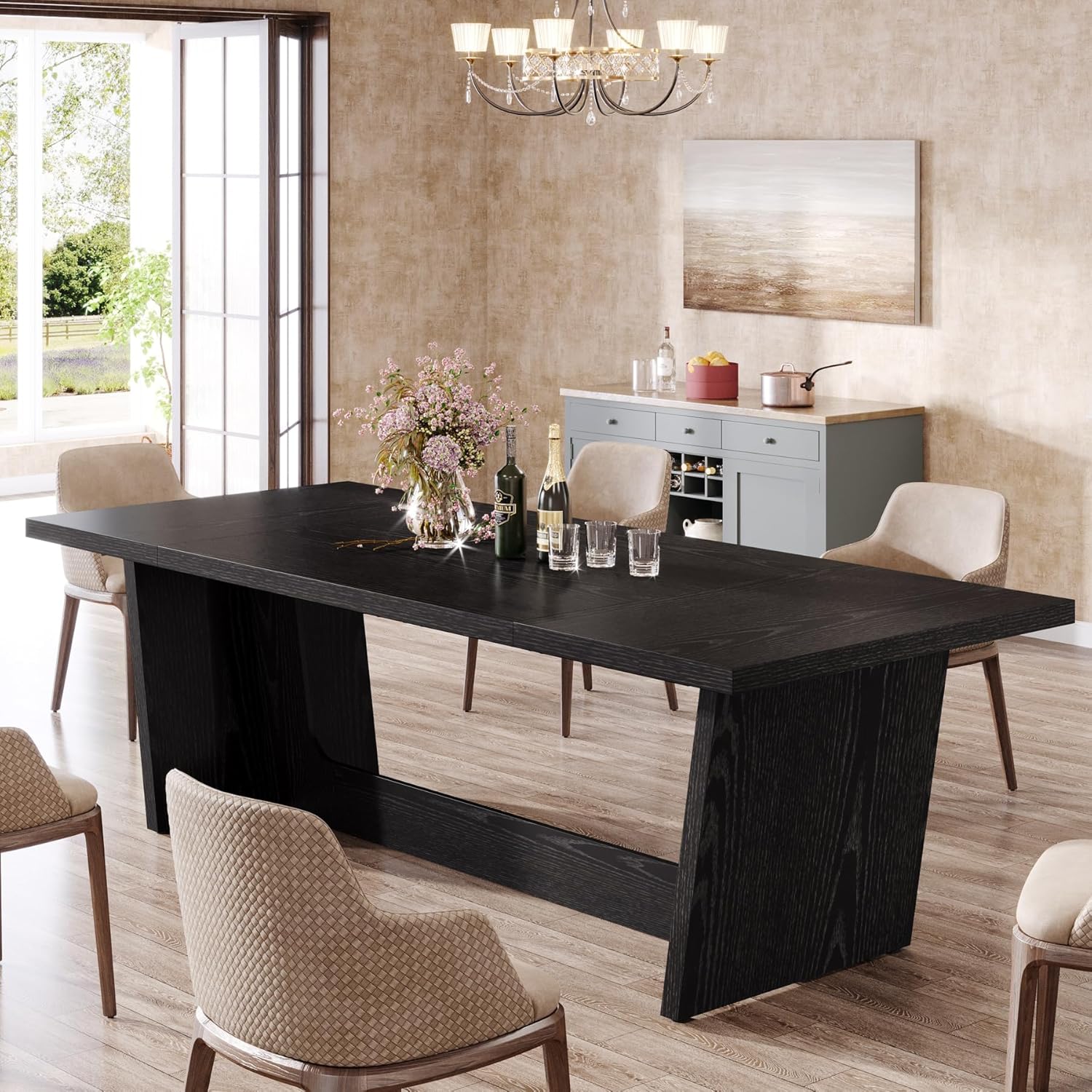 70.87" Rustic Brown Dining Table, Large Farmhouse Rectangular Table with Solid Pedestal Base - Image 18