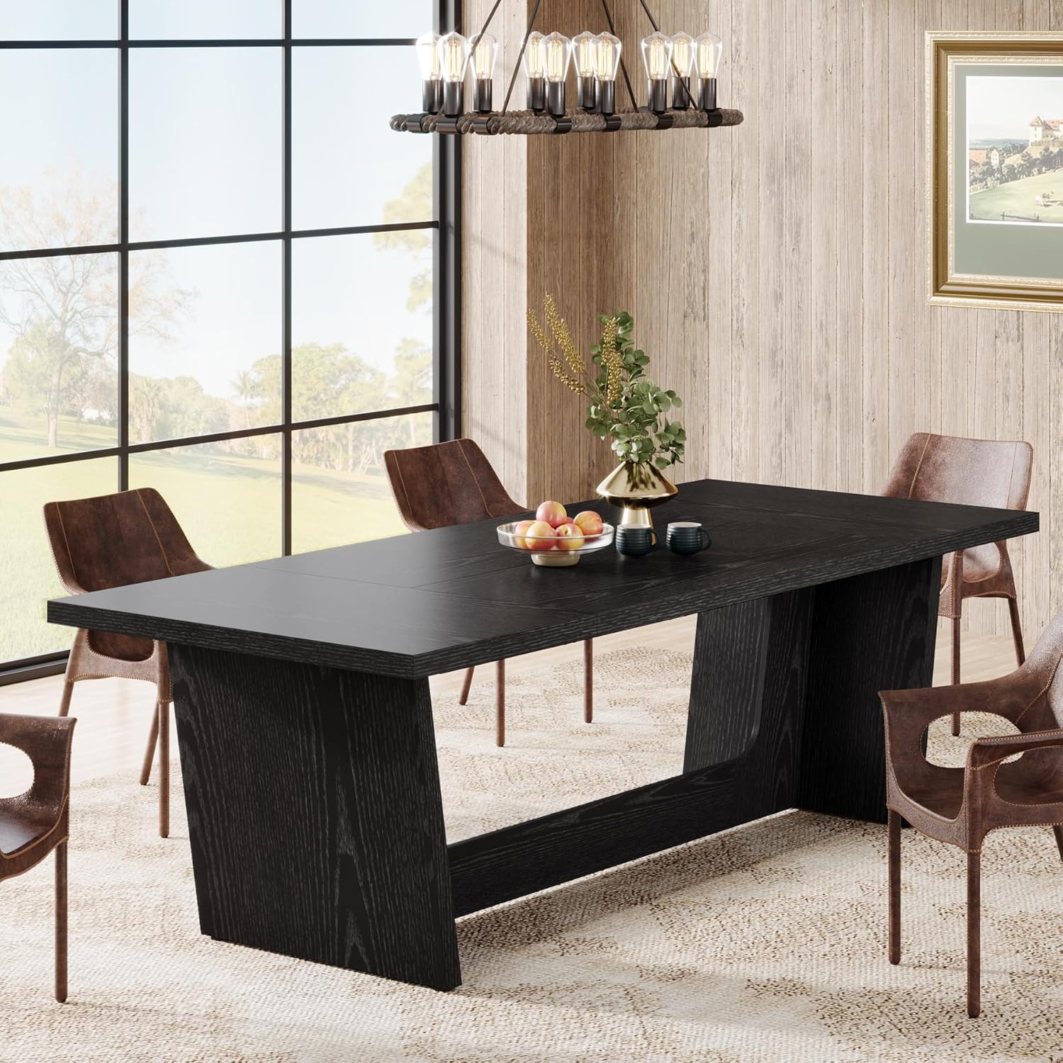 70.87" Rustic Brown Dining Table, Large Farmhouse Rectangular Table with Solid Pedestal Base - Image 19