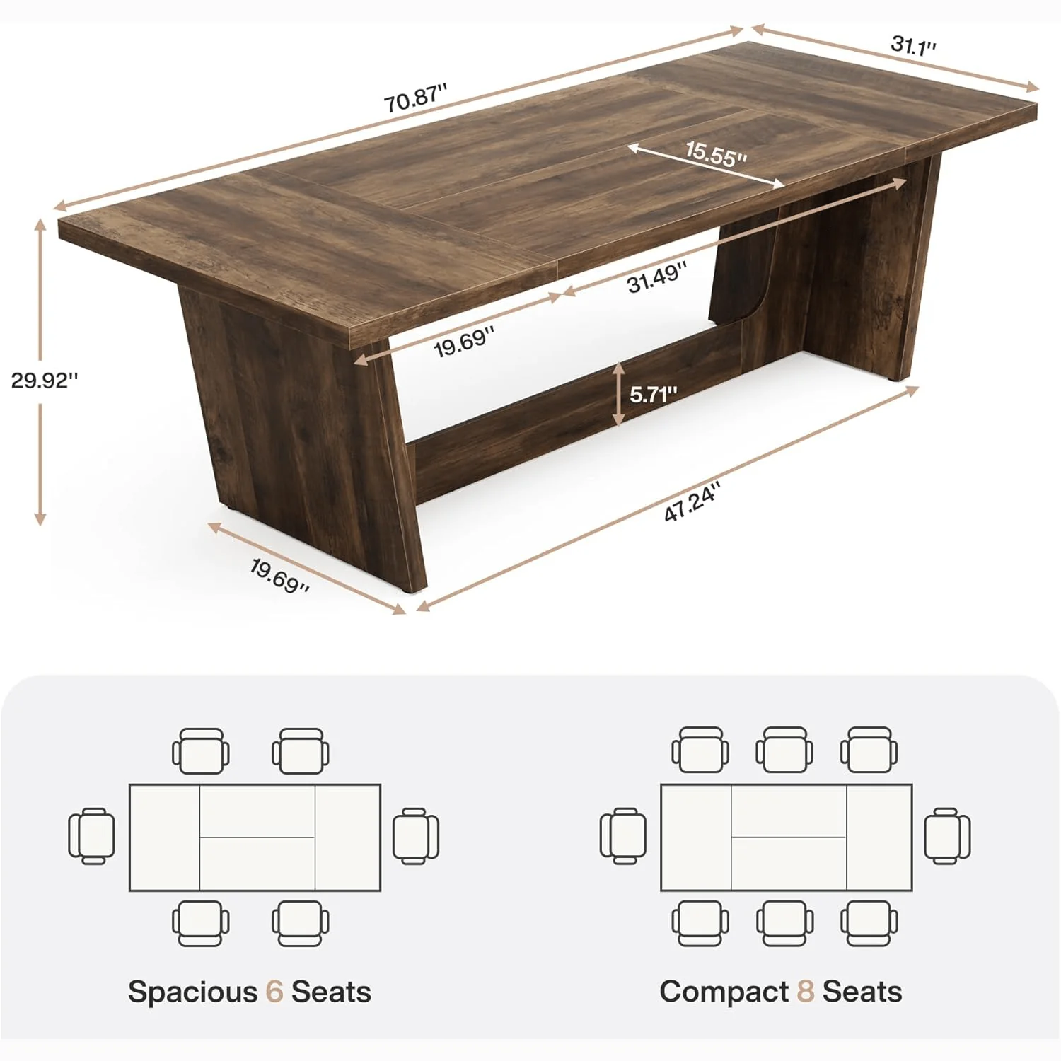 70.87" Rustic Brown Dining Table, Large Farmhouse Rectangular Table with Solid Pedestal Base - Image 2
