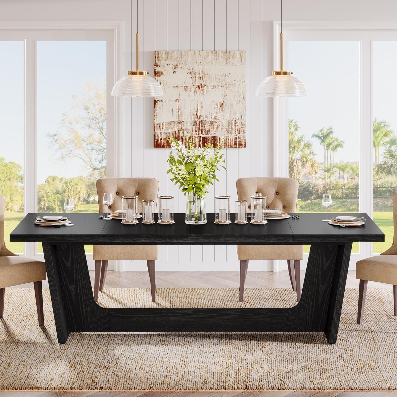 70.87" Rustic Brown Dining Table, Large Farmhouse Rectangular Table with Solid Pedestal Base - Image 21