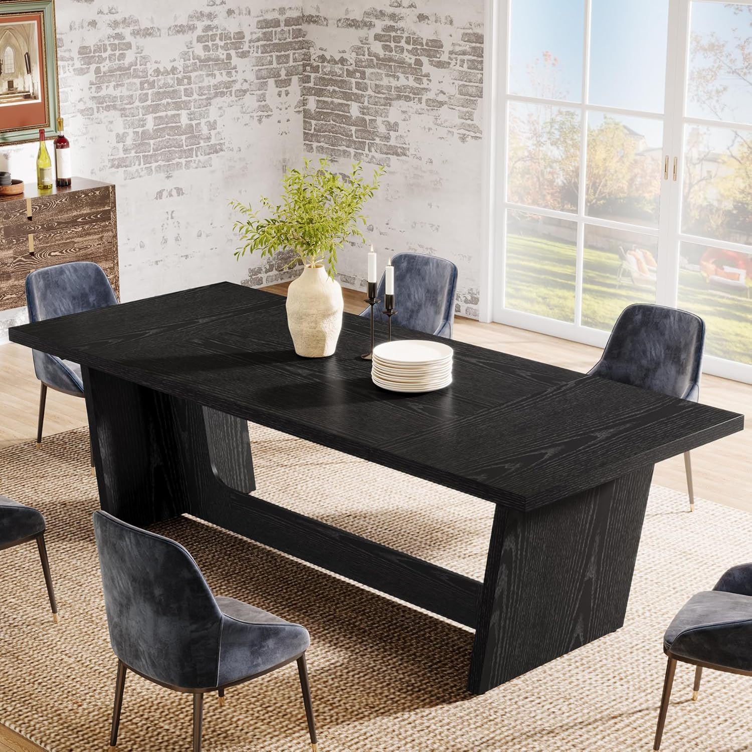 70.87" Rustic Brown Dining Table, Large Farmhouse Rectangular Table with Solid Pedestal Base - Image 22