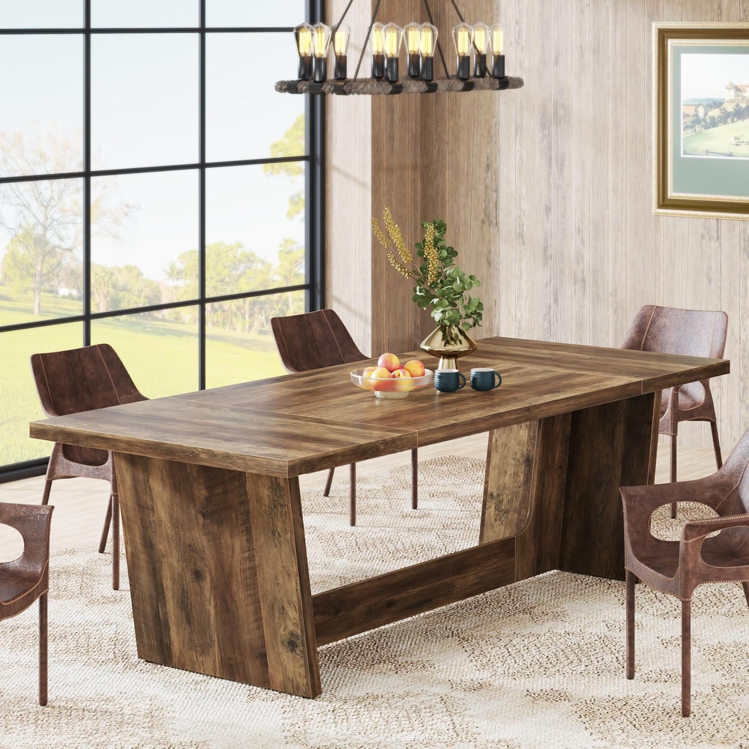 70.87" Rustic Brown Dining Table, Large Farmhouse Rectangular Table with Solid Pedestal Base - Image 3