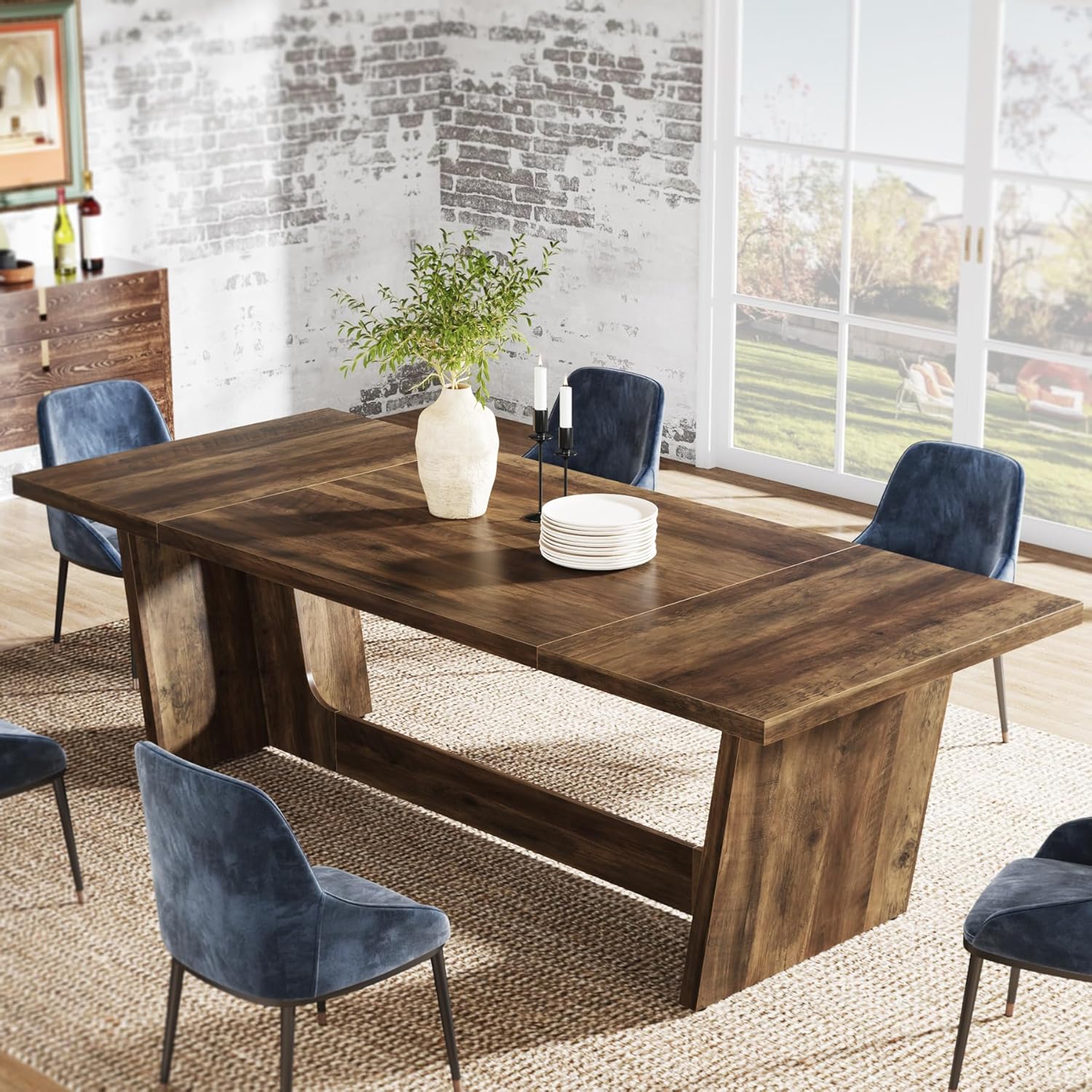 70.87" Rustic Brown Dining Table, Large Farmhouse Rectangular Table with Solid Pedestal Base - Image 4