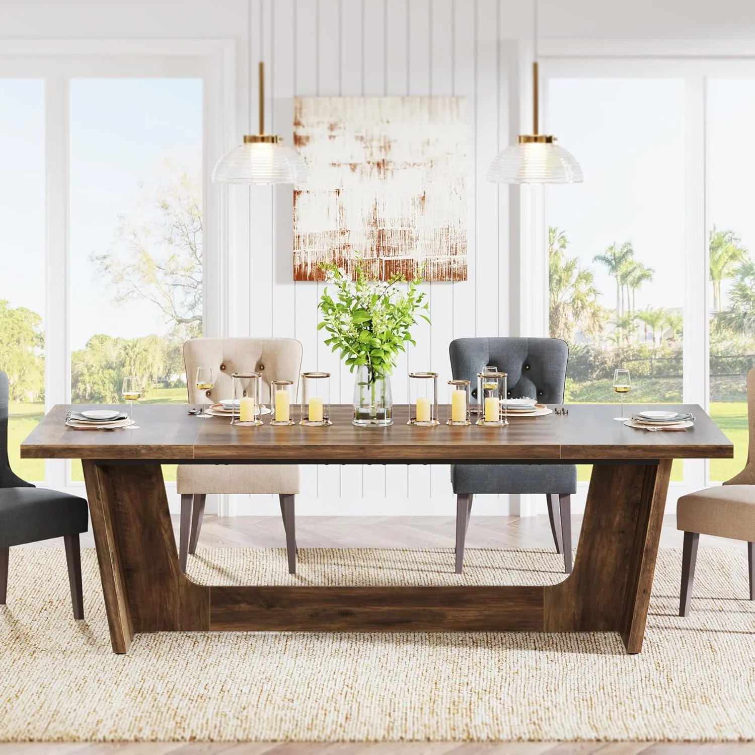 70.87" Rustic Brown Dining Table, Large Farmhouse Rectangular Table with Solid Pedestal Base - Image 5