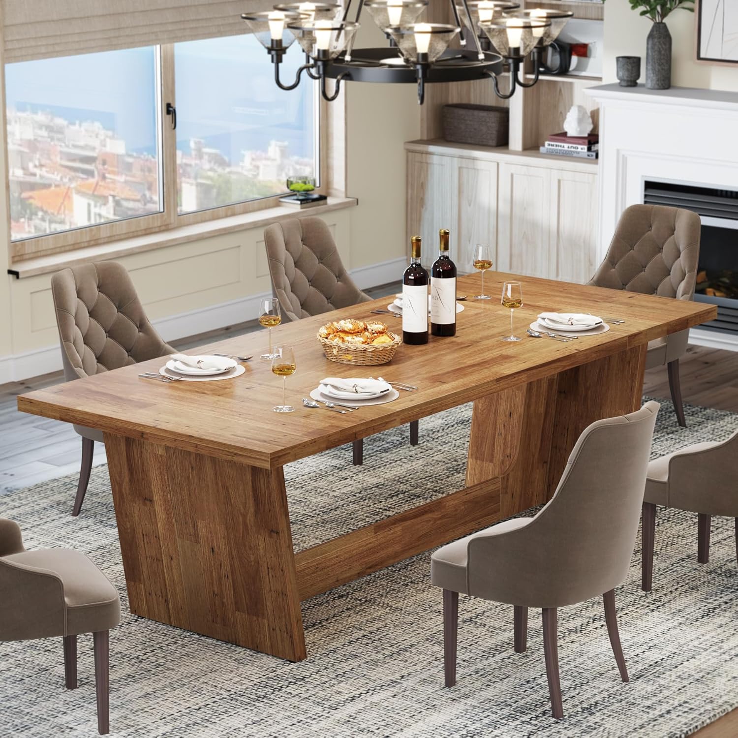 70.87" Rustic Brown Dining Table, Large Farmhouse Rectangular Table with Solid Pedestal Base - Image 8