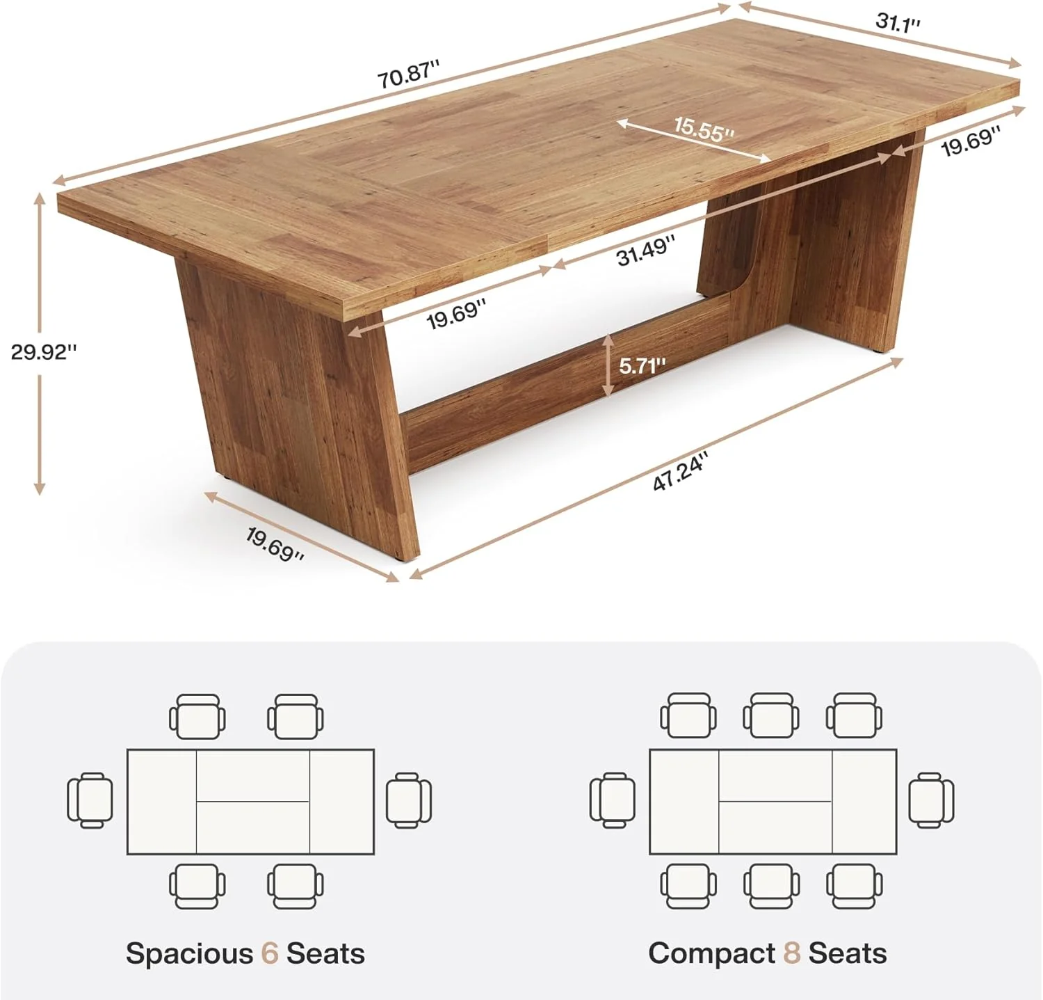 70.87" Rustic Brown Dining Table, Large Farmhouse Rectangular Table with Solid Pedestal Base - Image 9