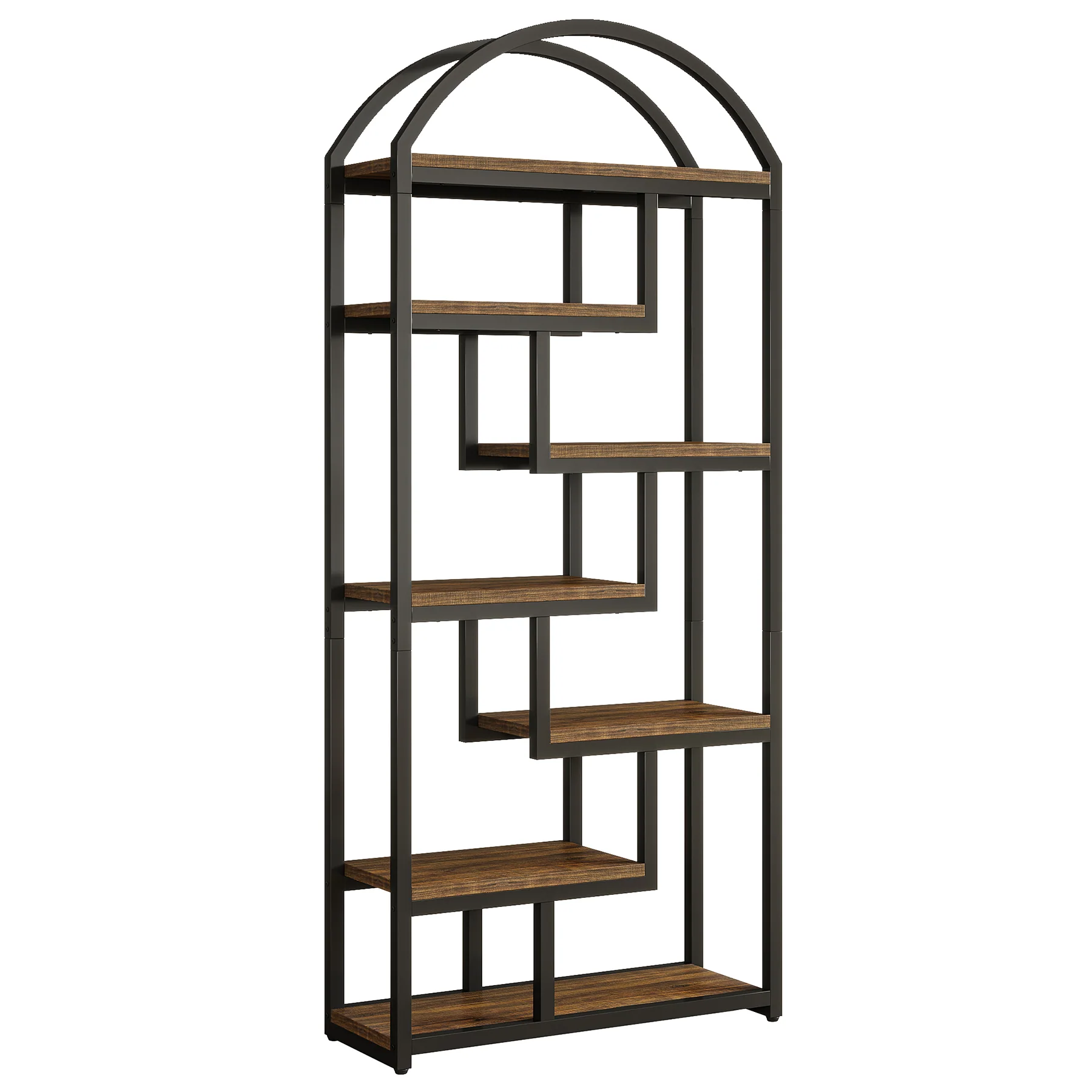 71" Industrial Bookshelf, Arched Bookcase with Open Display Shelves - Image 10