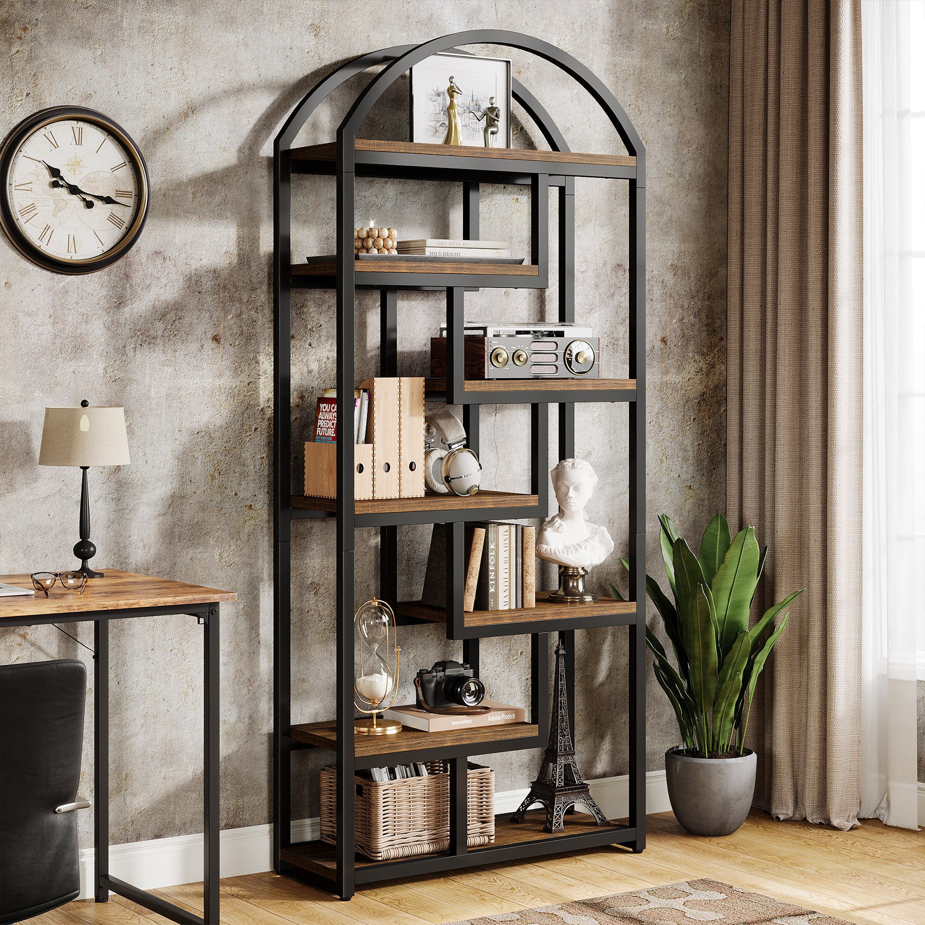71" Industrial Bookshelf, Arched Bookcase with Open Display Shelves - Image 3
