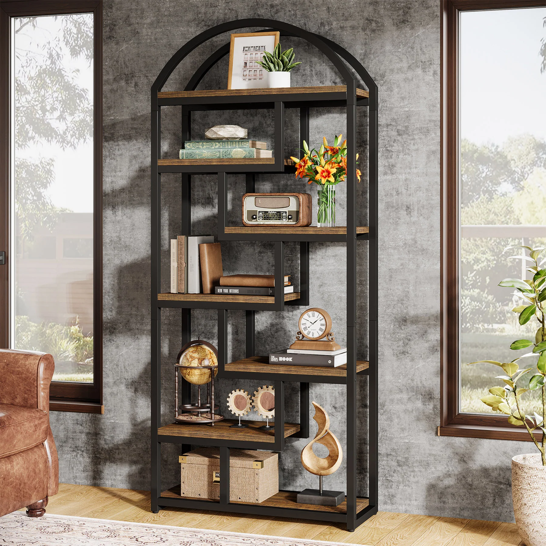 71" Industrial Bookshelf, Arched Bookcase with Open Display Shelves - Image 4
