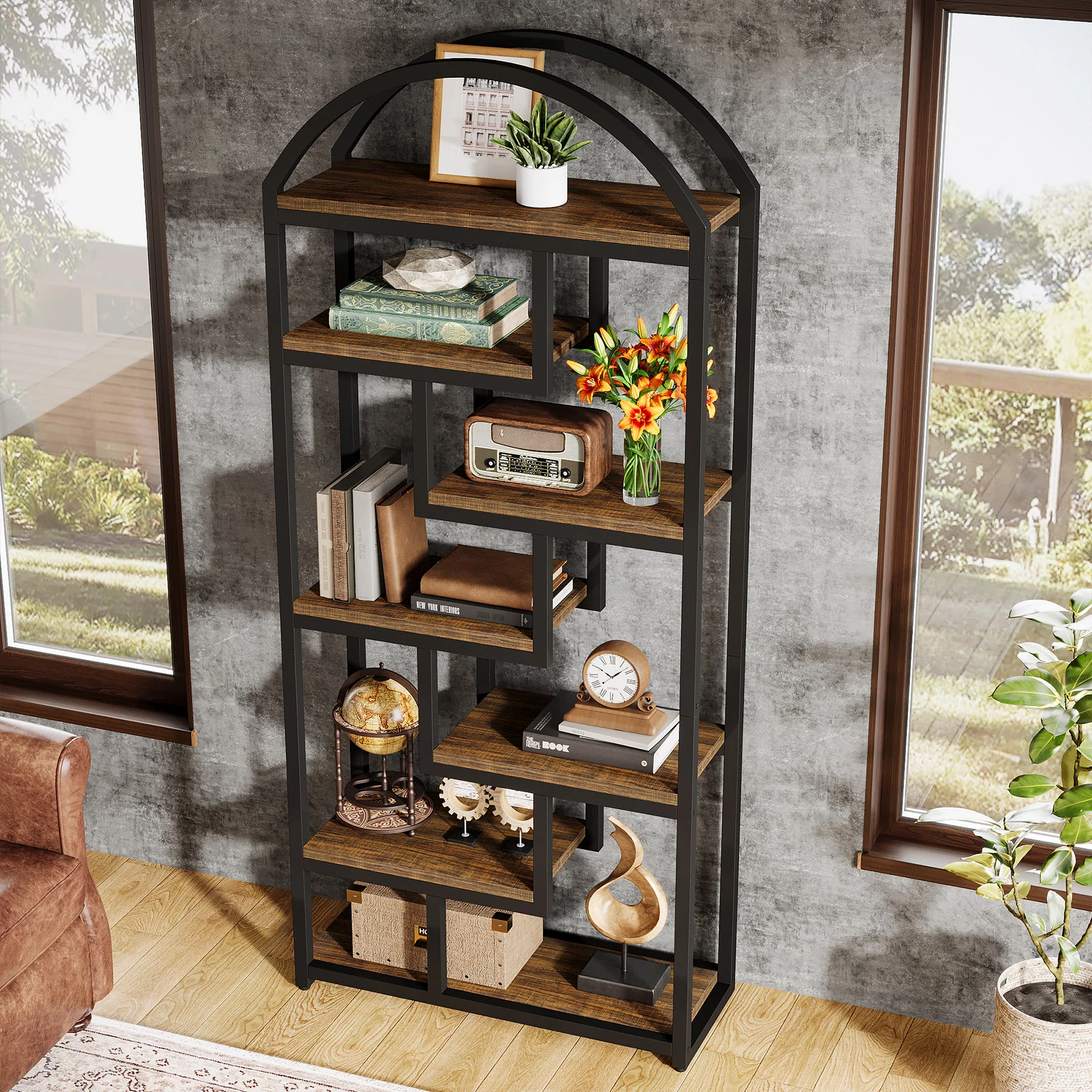 71" Industrial Bookshelf, Arched Bookcase with Open Display Shelves - Image 5