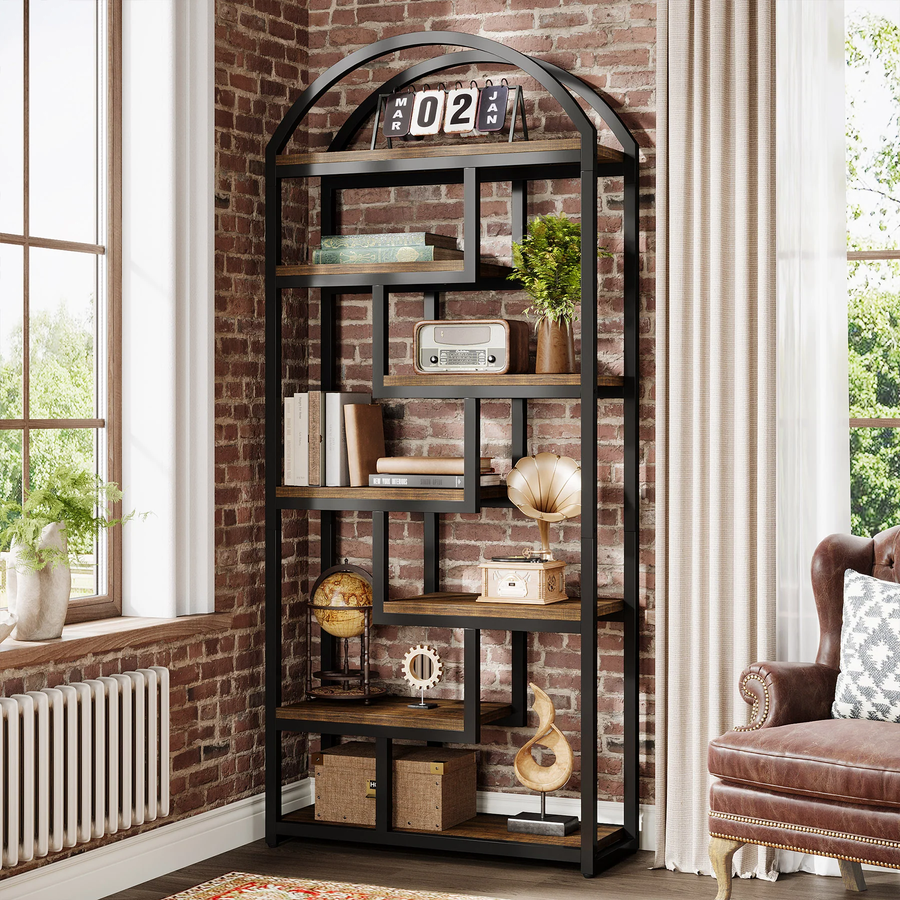 71" Industrial Bookshelf, Arched Bookcase with Open Display Shelves - Image 6